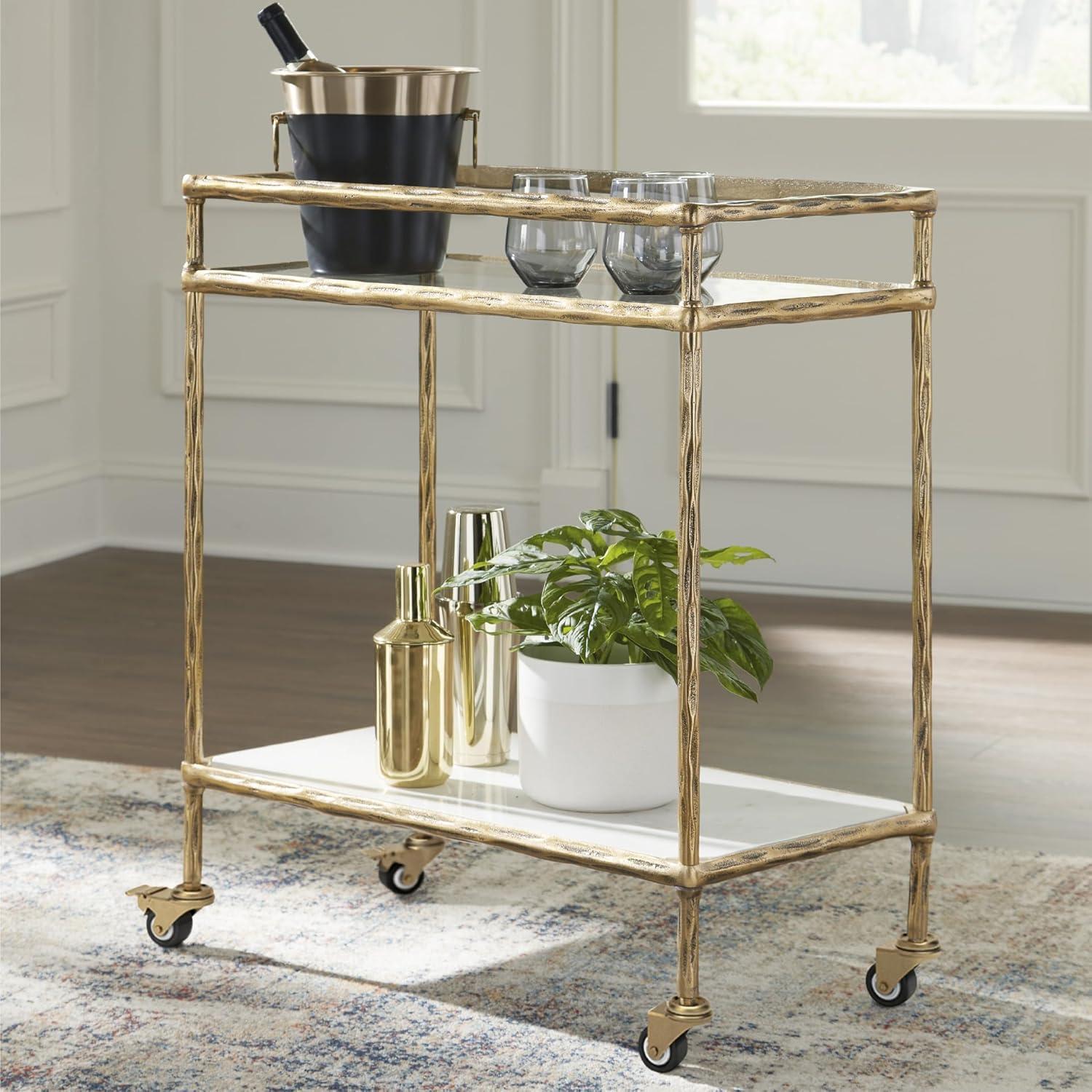 Signature Design by Ashley Kailman Bar Cart Gold Finish: Modern Mirrored Glass Beverage & Cocktail Cart with Locking Casters