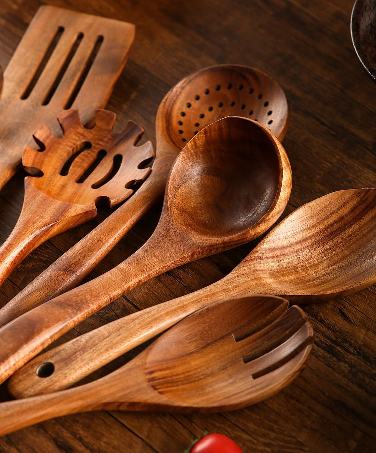 Wooden Kitchen Utensils set With Utensil Holder KOSMIKO 11 PCS Teak Wooden Cooking Spoons and Spatula for Cooking including Spoon Ladle Fork.