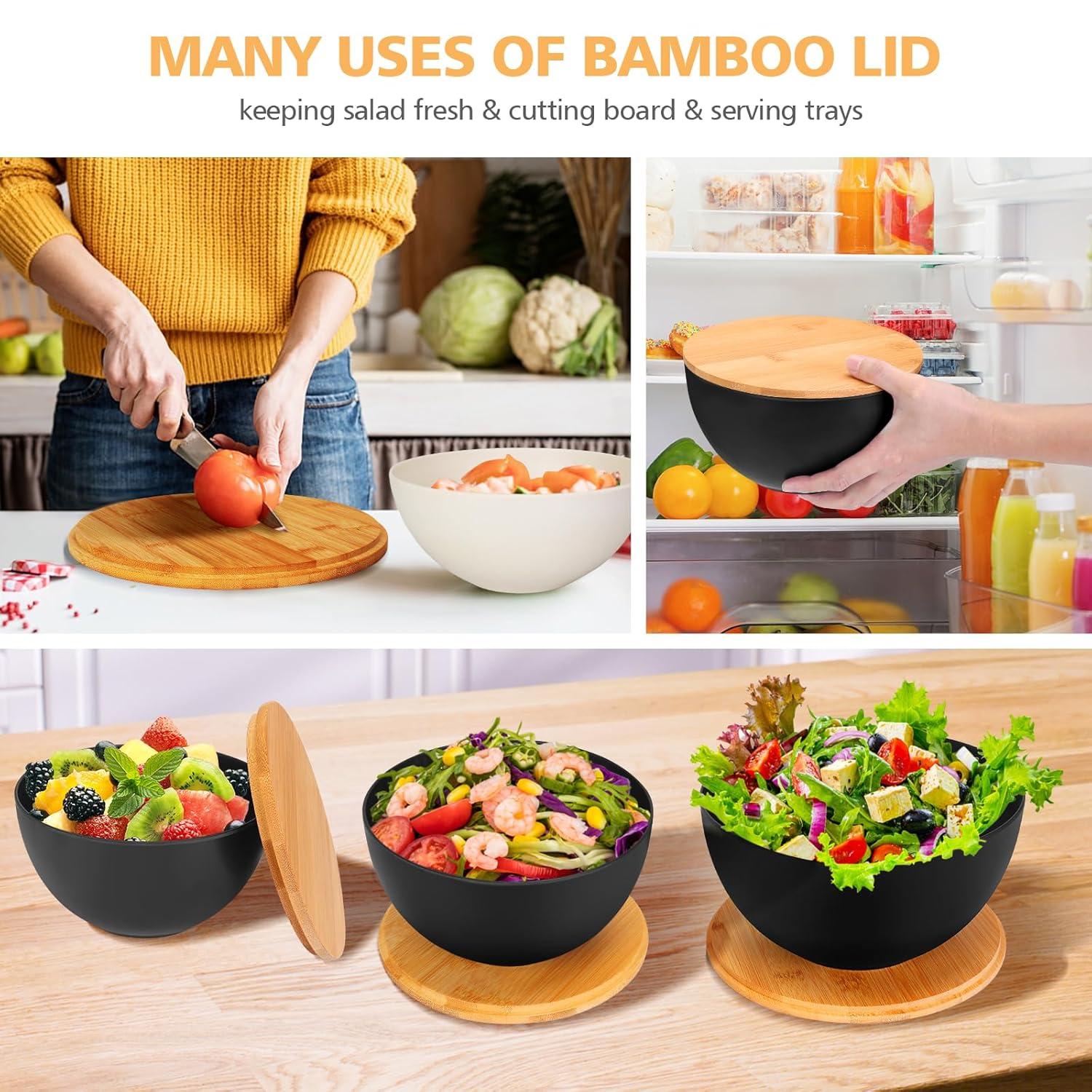 ShineMe Salad Bowl Set of 3, Natural Bamboo Fiber Salad Serving Bowls with Lids,Mixing Bowl for Preparing and Serving Salad, Cereal, Fruit, Veggies, Popcorn,Chips & Bread(10",8",6")