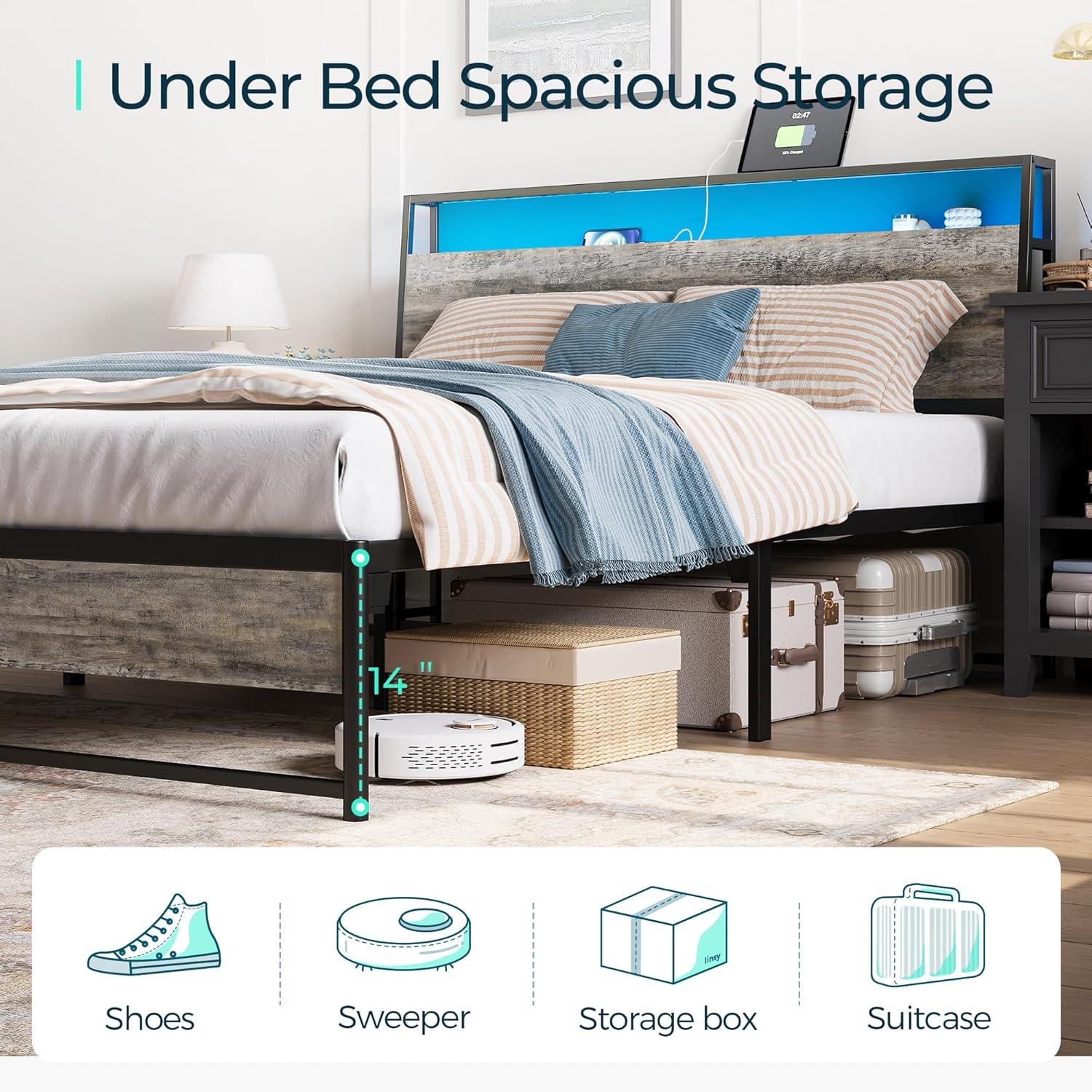 Linsy Home Queen Size Platform Bed Frame with Headboard and 3 Storage Shelves, Metal Bed with Lights, Outlets & USB, Light Grey, Mattress Not Included