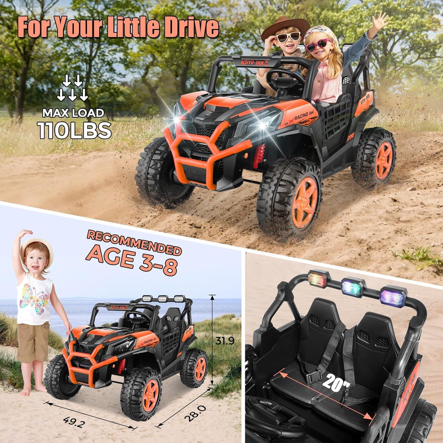 Ancheer 24v 2 Seater Ride on Car with Remote Control, 4WD/2WD Kids Power Electric Wheel UTV, 20" Spacious Seat, 4 Shock Absorbers, Music, Bluetooth, 24 Volt Ride On Toys for Boys/Girls