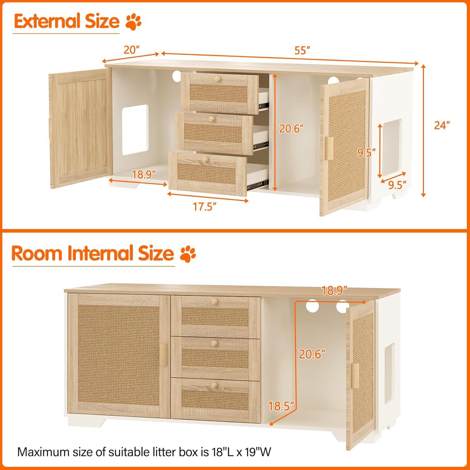 Tucker Murphy Pet™ Cat Litter Box Enclosure Indoor Wood Cat Furniture Cabinet With Scratching Pad Doors And 3 Drawer, 55”X20”X24”H