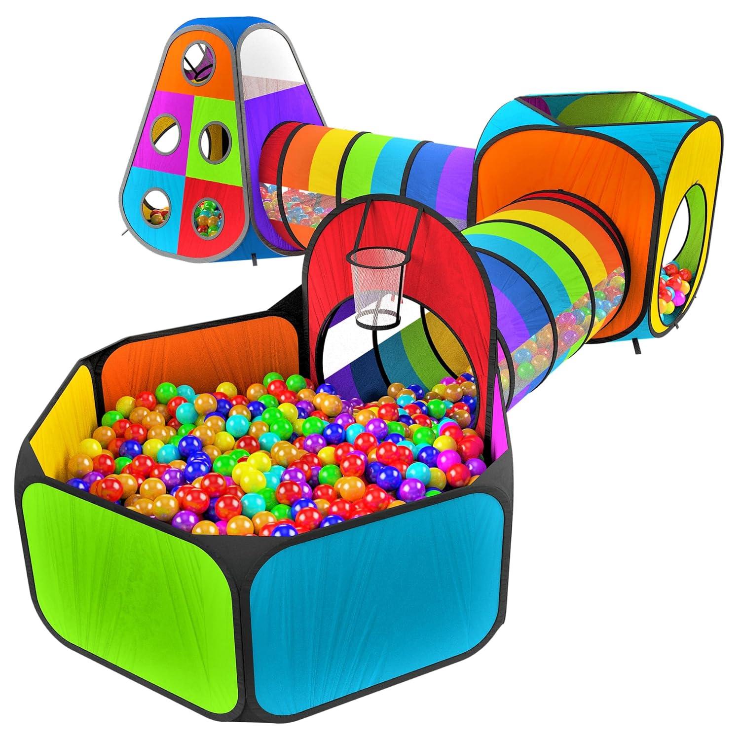 Playz 5pc Kids' Play Tents & Tunnels - Ball Pit for Toddlers, Basketball Hoop, Crawling Tubes, Pop-Up Playhouses, Baby Obstacle Course for Indoor or Outdoor Use