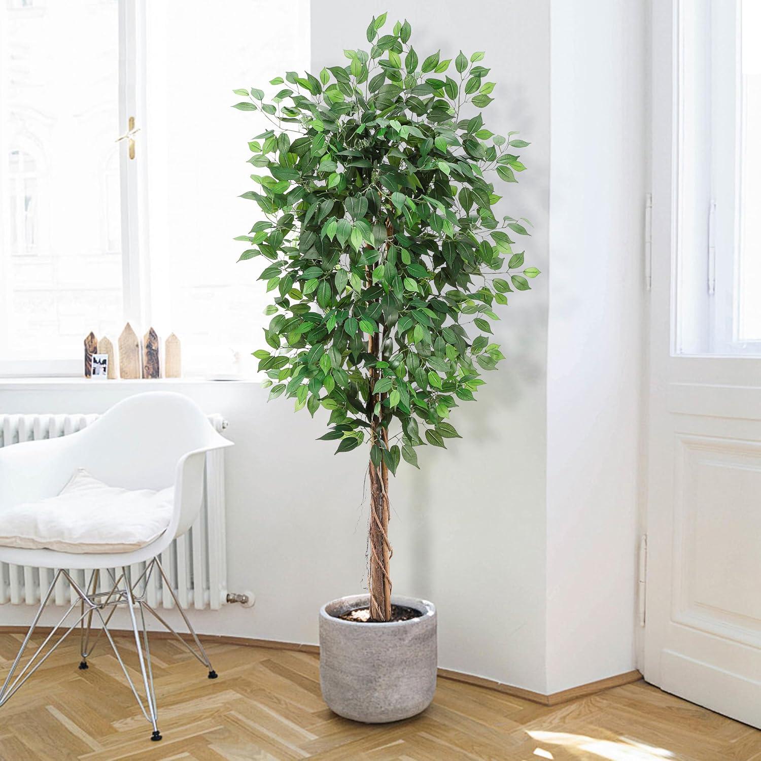 Danolapsi Artificial Ficus Tree,Tall Fake Ficus Silk Tree with Natural Wood Trunk in Plastic Nursery Pot for Indoor Outdoor House Living Room Office Garden Decor(4FT/5FT/6FT)