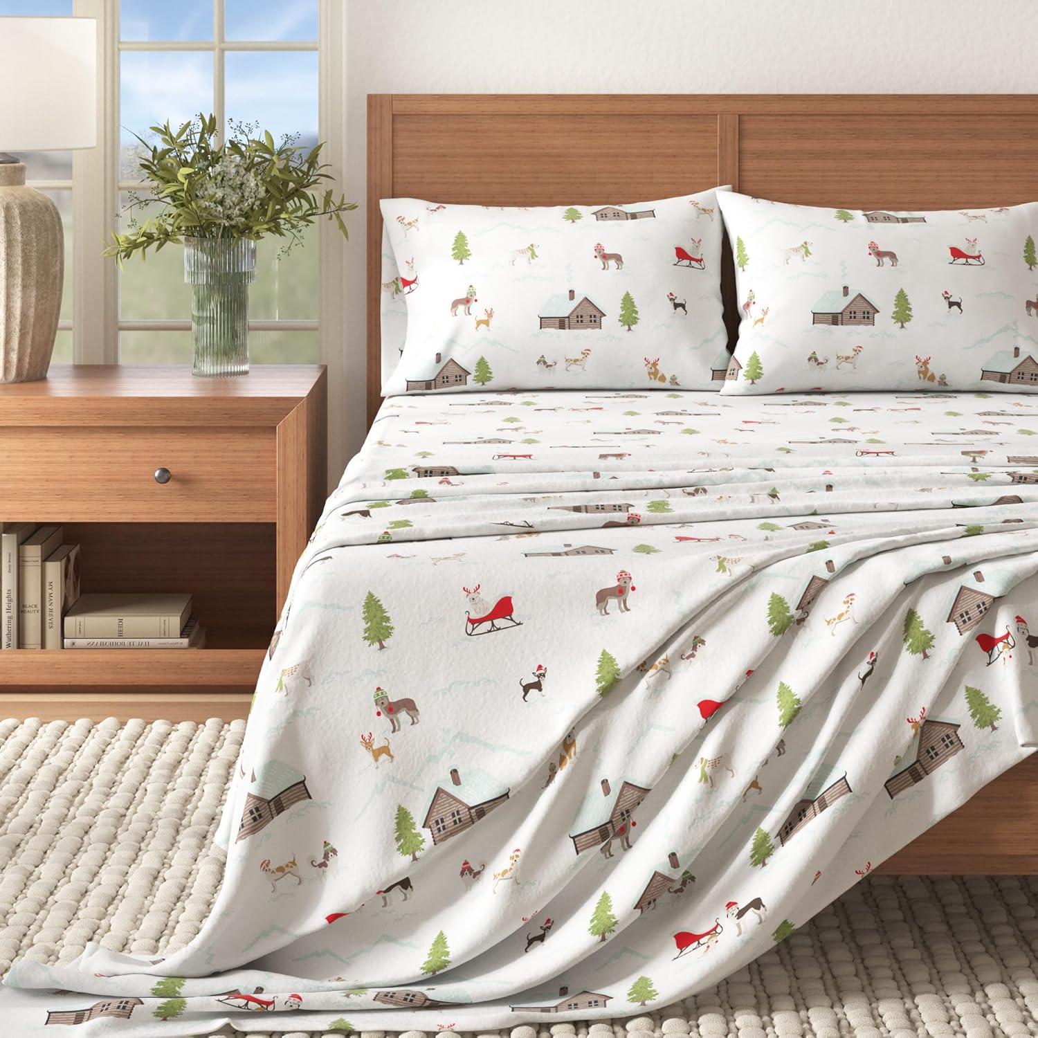 100% Cotton Holiday Flannel Sheet Set - Great Bay Home (Queen, Pups with Hats)