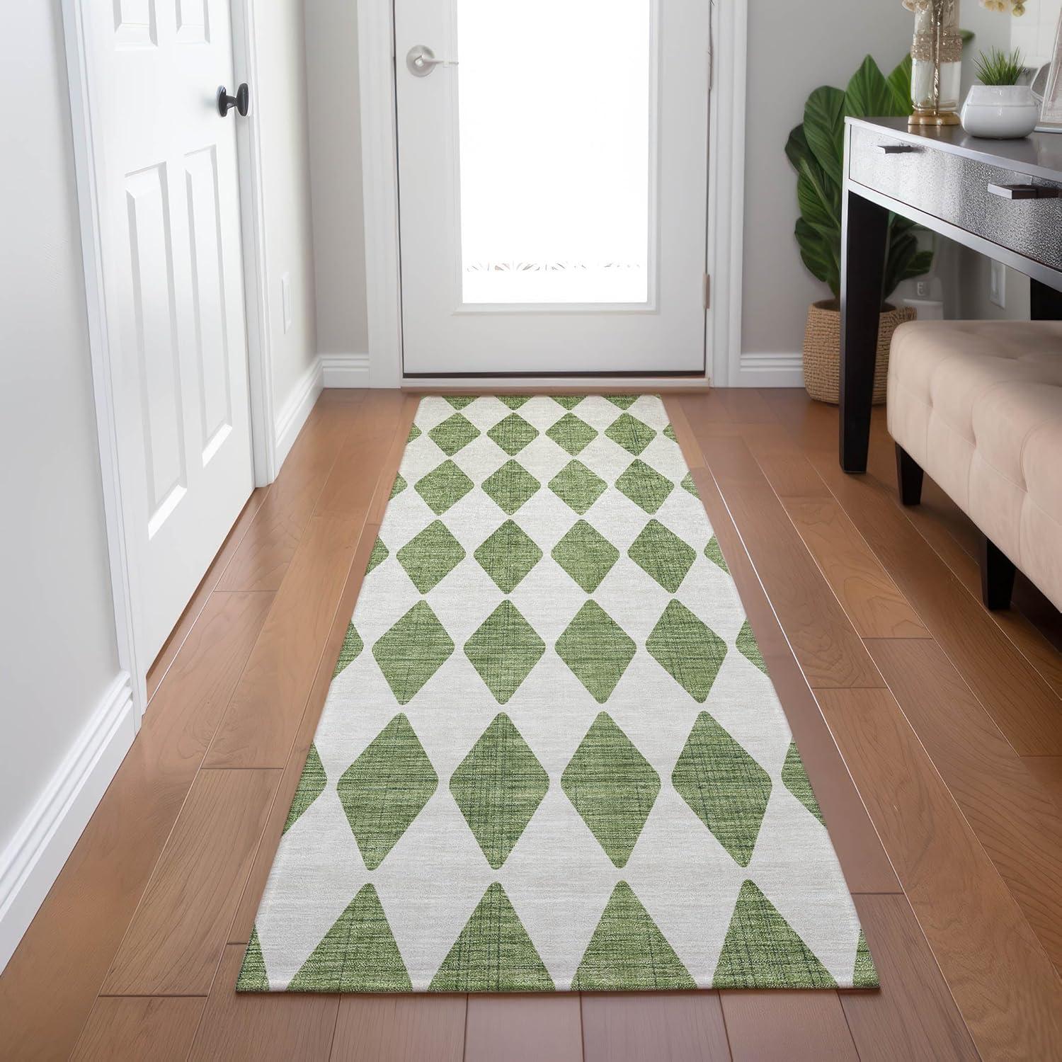 Green and White Diamond Pattern Washable Runner Rug