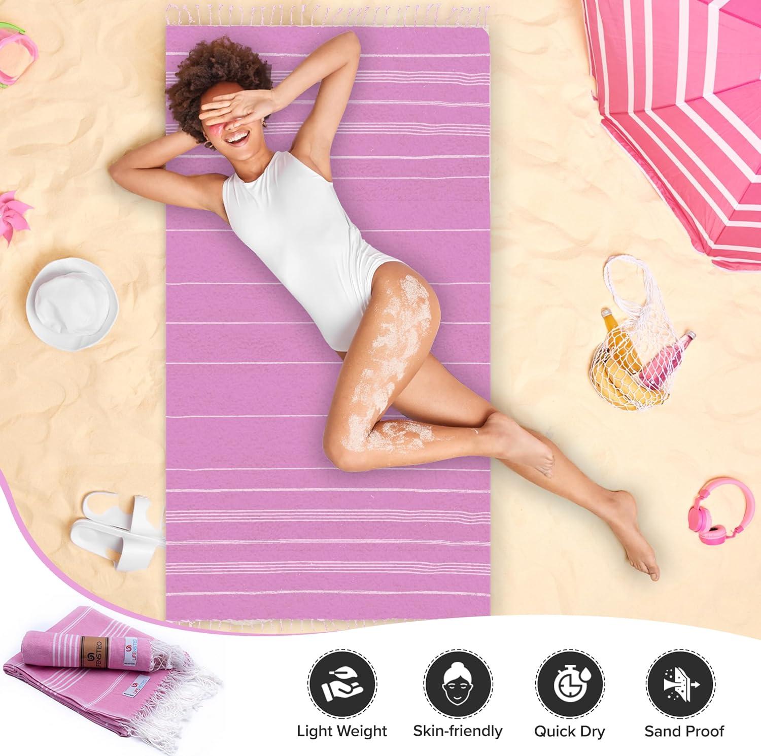 Turkish Beach Towel - 40x71 inch Oversized Sand Resistant Prewashed Turkish Towel - 100% Turkish Cotton Quick Drying, Compact, Lightweight Turkish Towel for Beach, Bath, Pool, Gym, Yoga