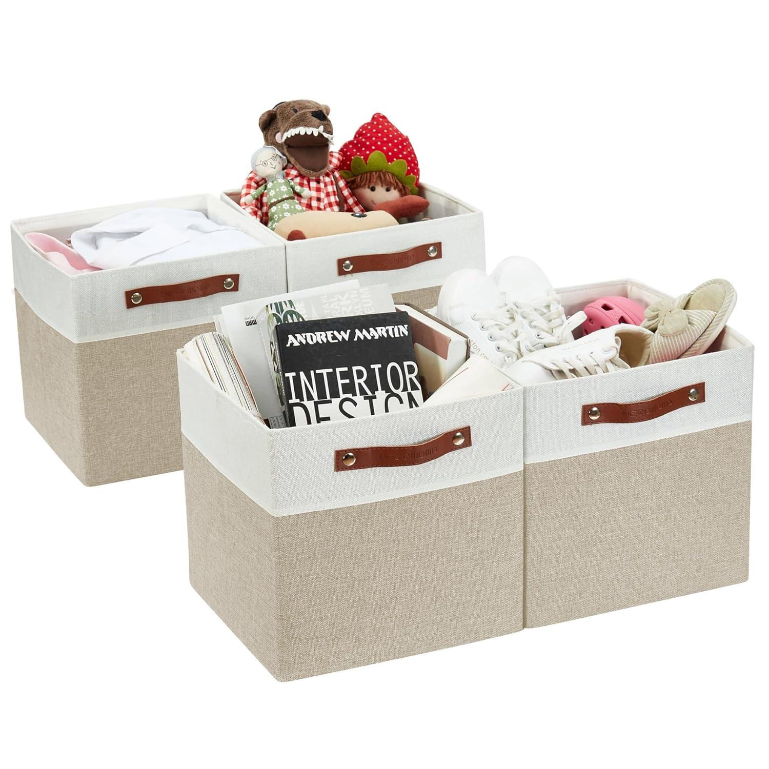 DECOMOMO Fabric Cube Storage Bins - Storage Baskets for Shelves, Cube Storage Organizer for Kallax and Cubbies (Beige & White, 11 inch Cube) - 4 Pack