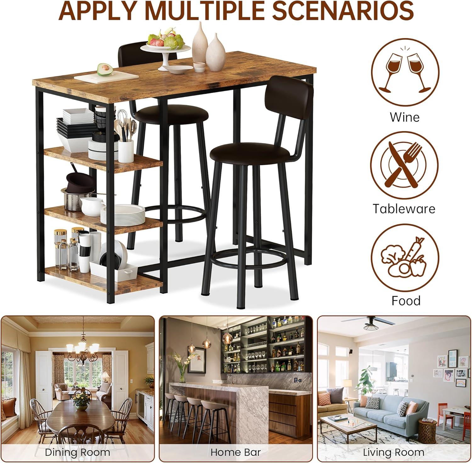 Whizmax Bar Table Set for 2 with Footrest, Kitchen Dining Table with 2 Upholstered Chairs, Small Space Counter Height Barstools for Counter Bar, Brown
