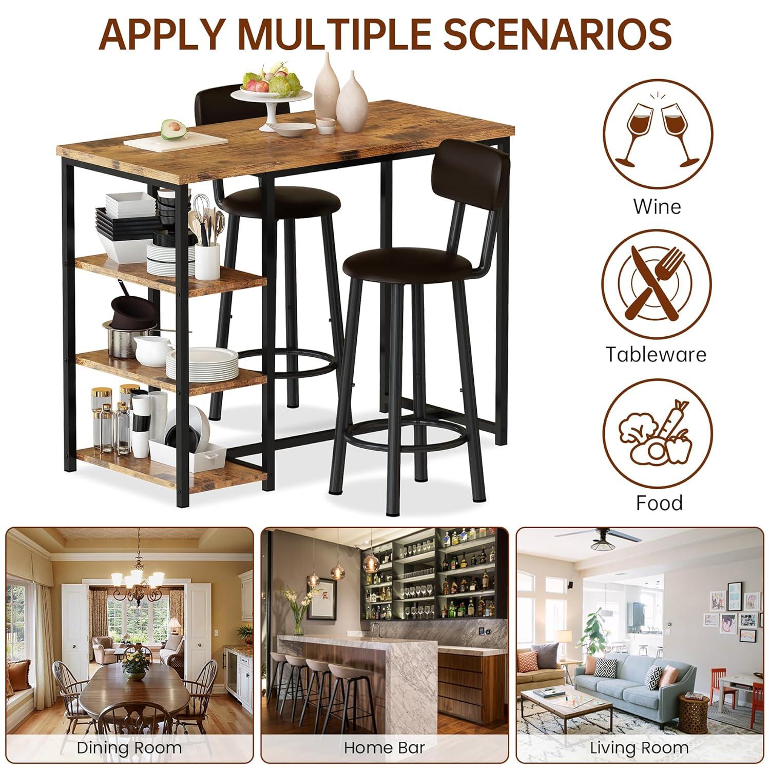 Whizmax Bar Table Set for 2 with Footrest, Kitchen Dining Table with 2 Upholstered Chairs, Small Space Counter Height Barstools for Counter Bar, Brown