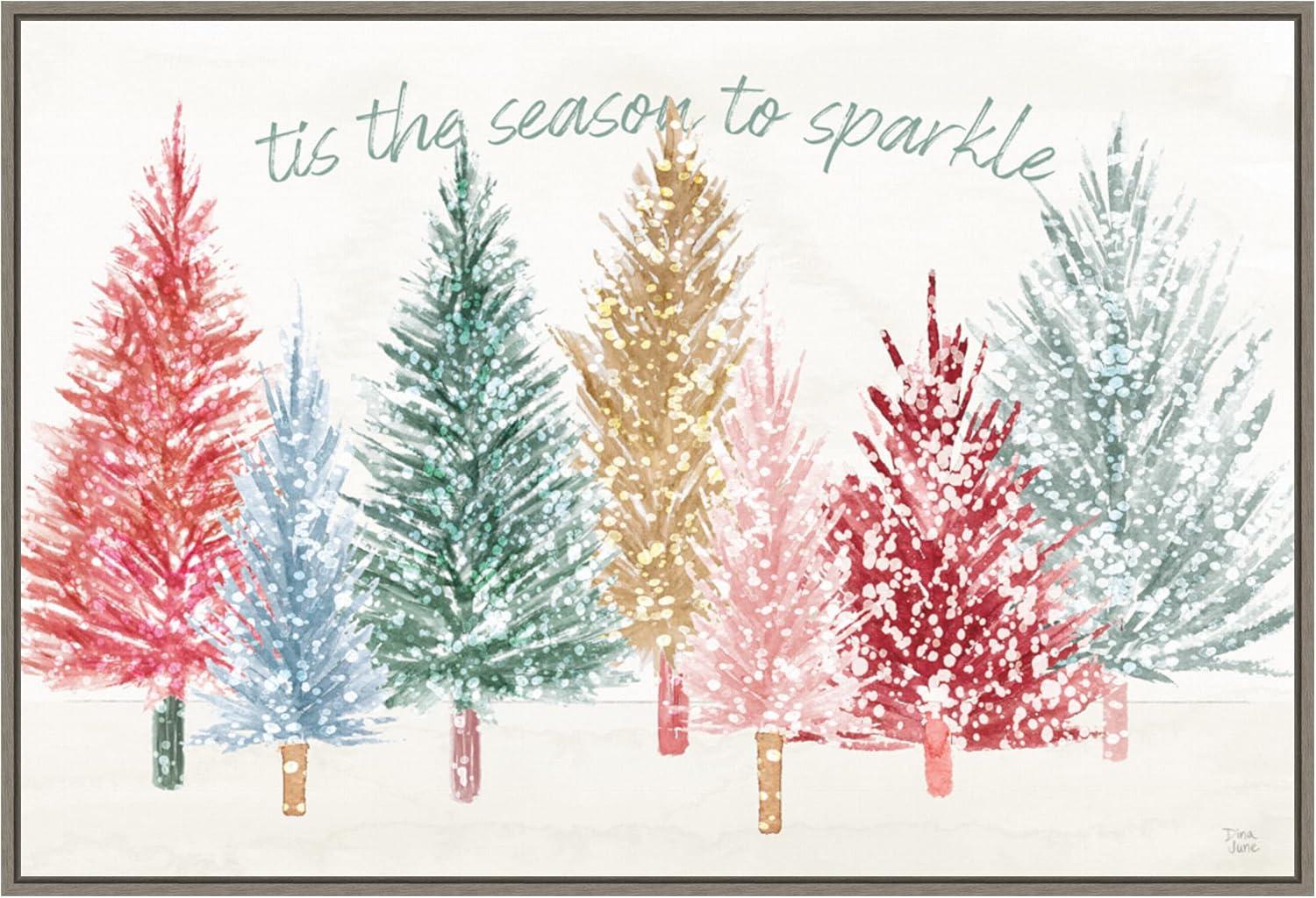 Holiday Sparkle Christmas Trees Canvas Wall Art in Grey Frame