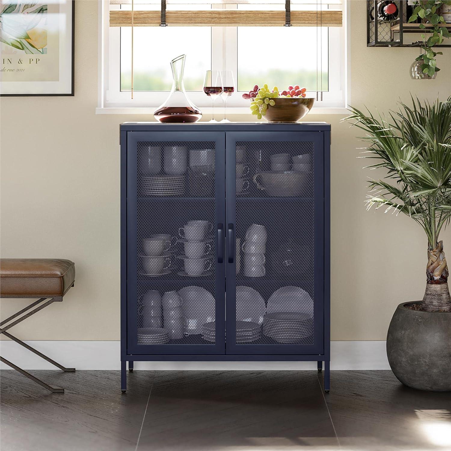 Navy Metal Mesh 2-Door Adjustable Shelving Accent Cabinet