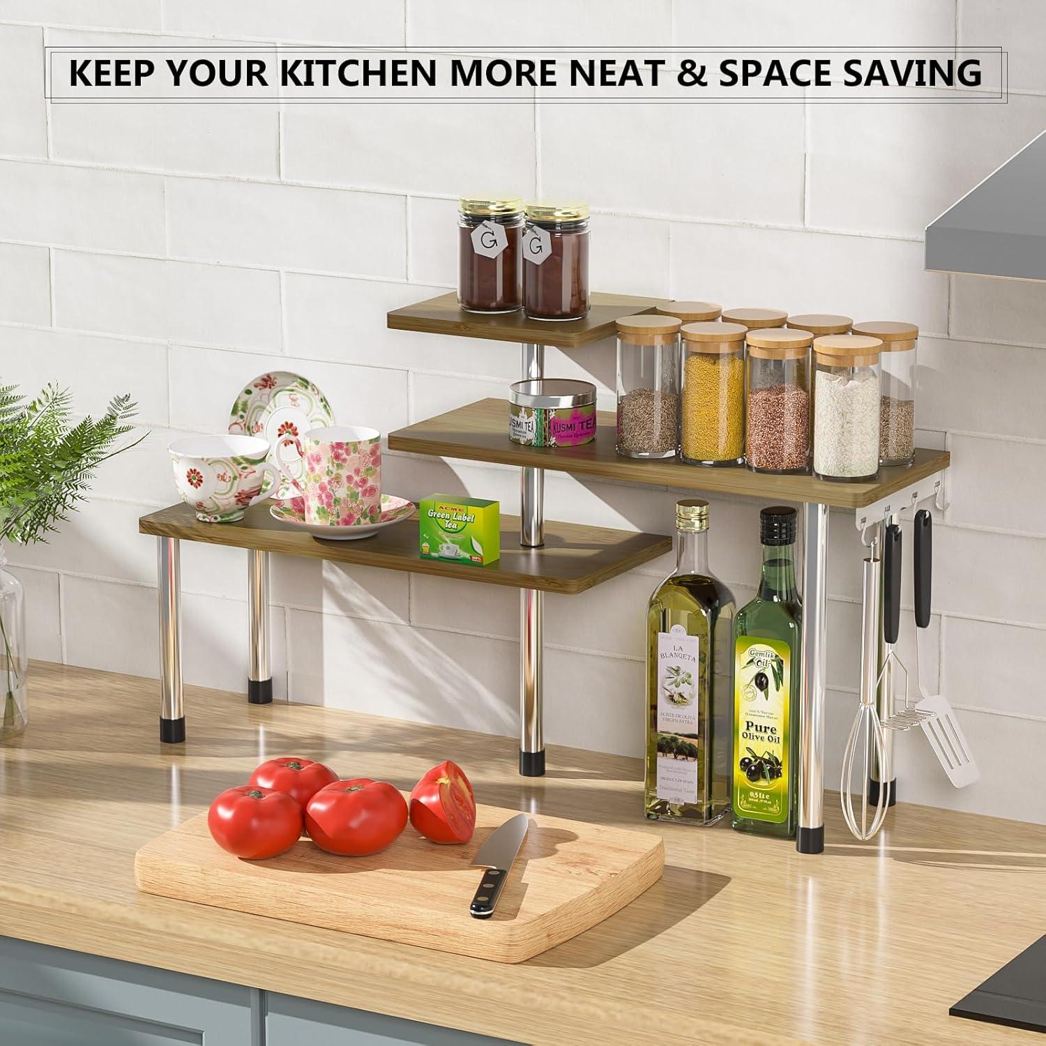 Adjustable 3-Tier Bamboo and Metal Kitchen Countertop Organizer