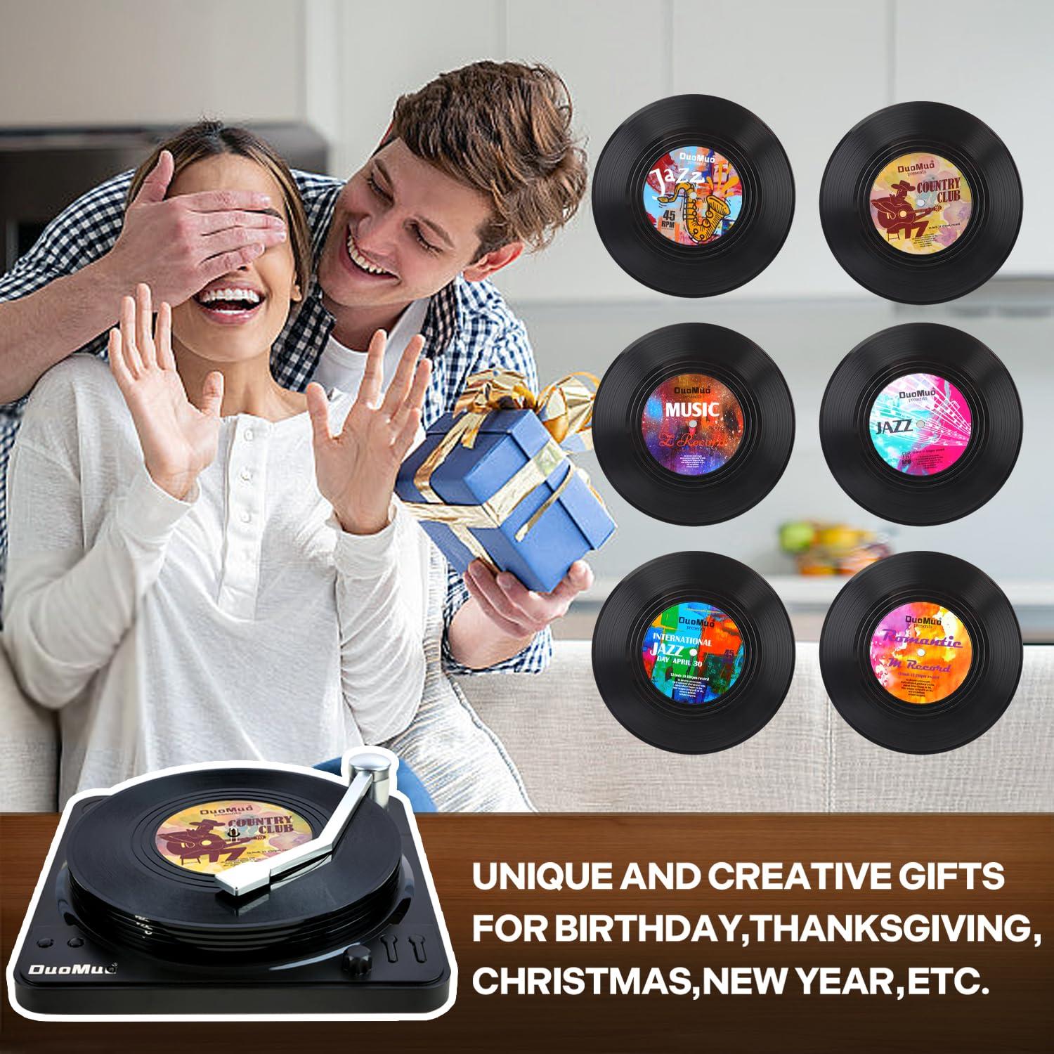 Funny Retro Record Coasters for Drinks with Vinyl Player Holder for Music Lovers,Set of 6 Conversation Piece Sayings Drink Coaster,Housewarming Hostess Wedding Registry Gift Ideas