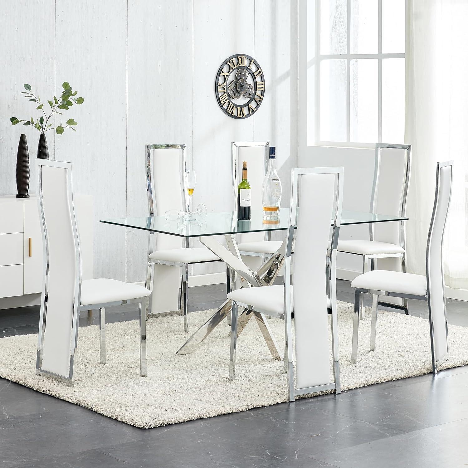 White Velvet High-Back Dining Chairs with Silver Metal Legs