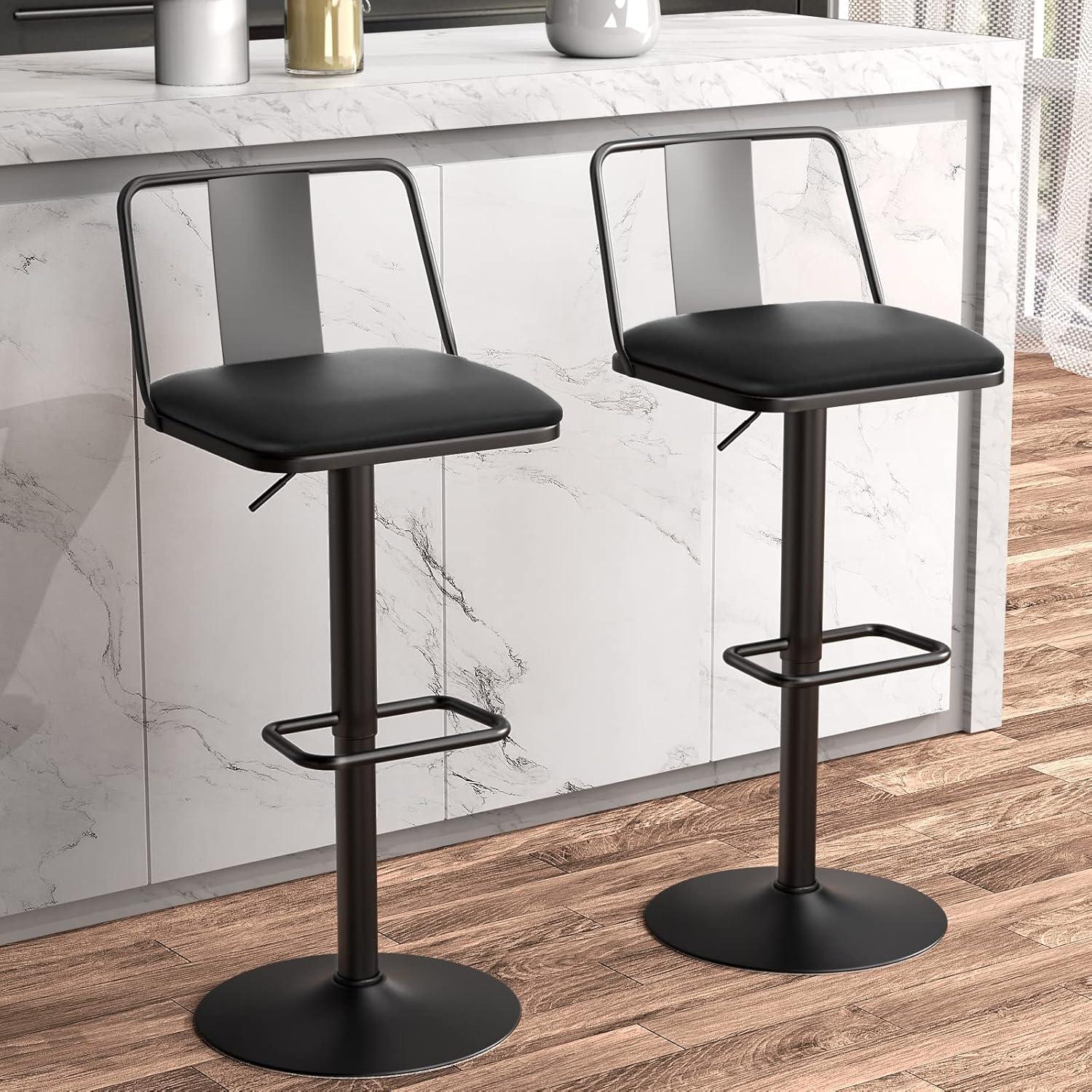 Metal Swivel Barstools Set of 2, Enlarged PU Leather Seat with Metal Back, Adjustable from 24" to 33" for Counter Height & Bar Height, Modern Design for Kitchen and Restaurant,MatteBlack