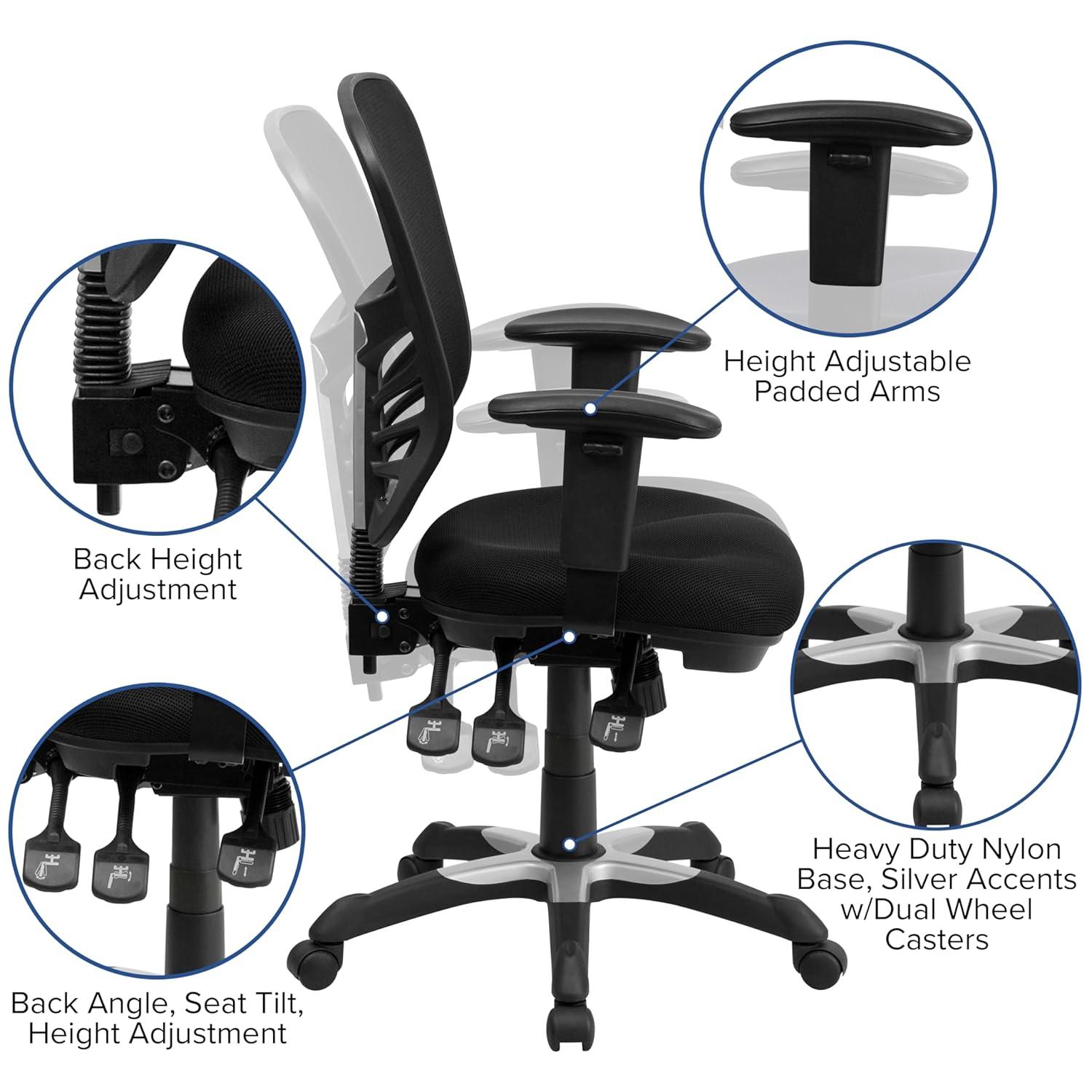 BizChair Mid-Back Black Mesh Multifunction Executive Swivel Ergonomic Office Chair with Adjustable Arms