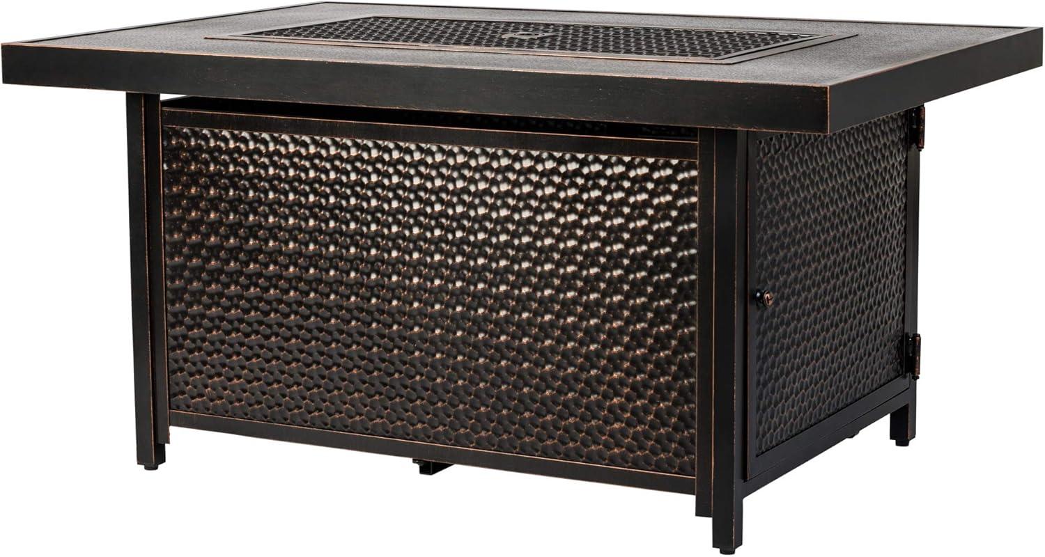 Fire Sense 48” Weyland Hammered Aluminum Gas Fire Pit 55,000 BTU Multi-Functional - Protective Cover and Clear Fire Glass - Rectangle - Bronze Finish