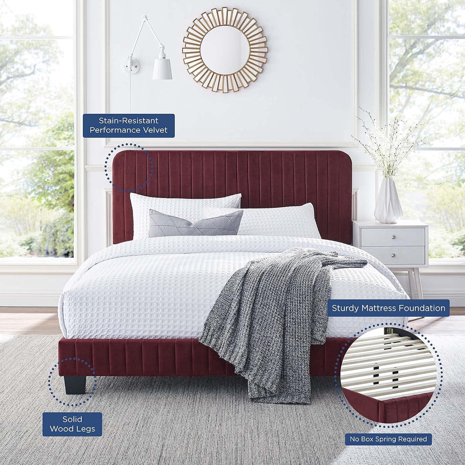 Modway Celine Channel Tufted Performance Velvet King Platform Bed in Maroon