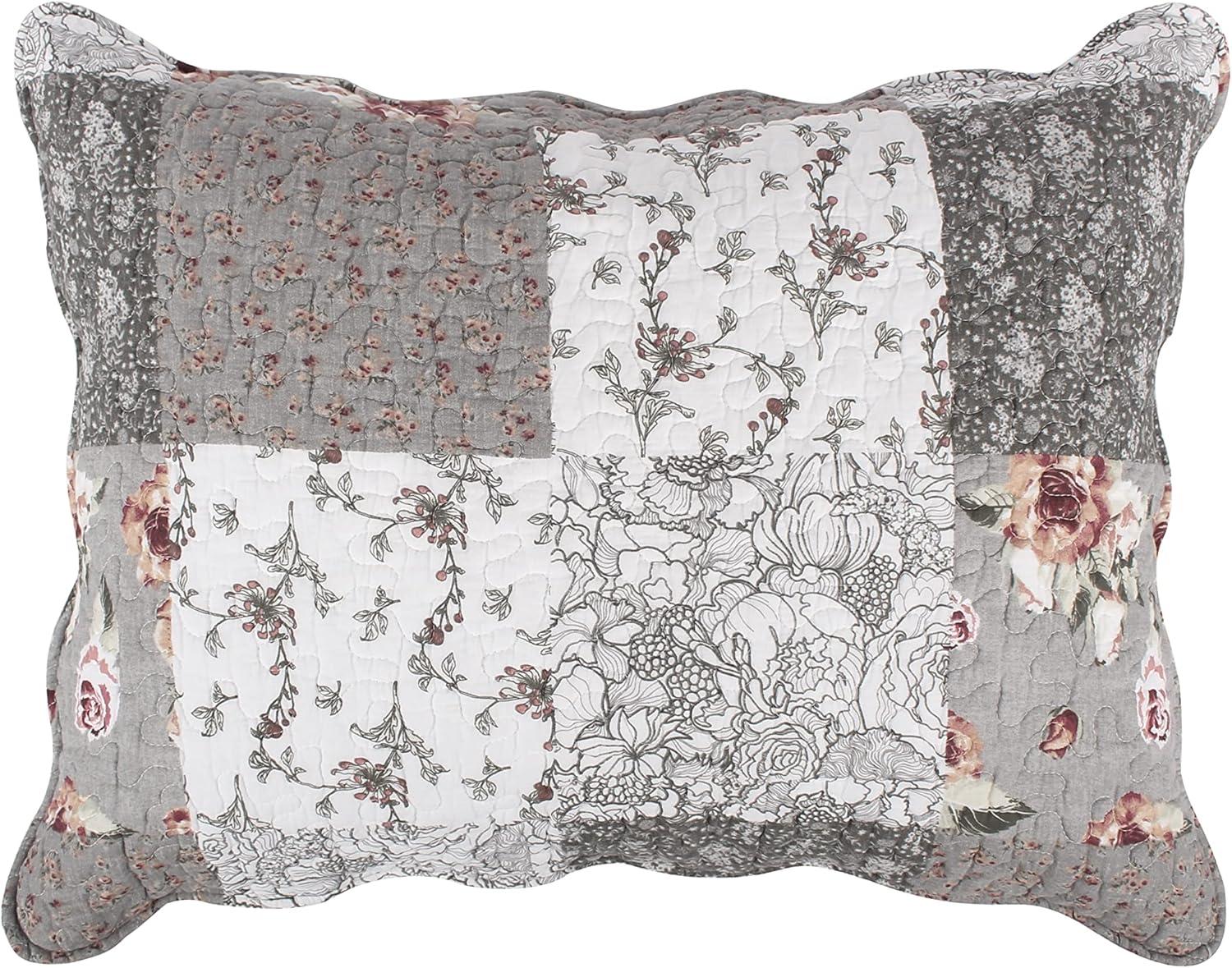 Greenland Home Fashions Barefoot Bungalow Giulia Fabulous Floral and Stencil Prints Classic Patchwork Pattern Reverses Pillow Sham - King 20x36", Gray