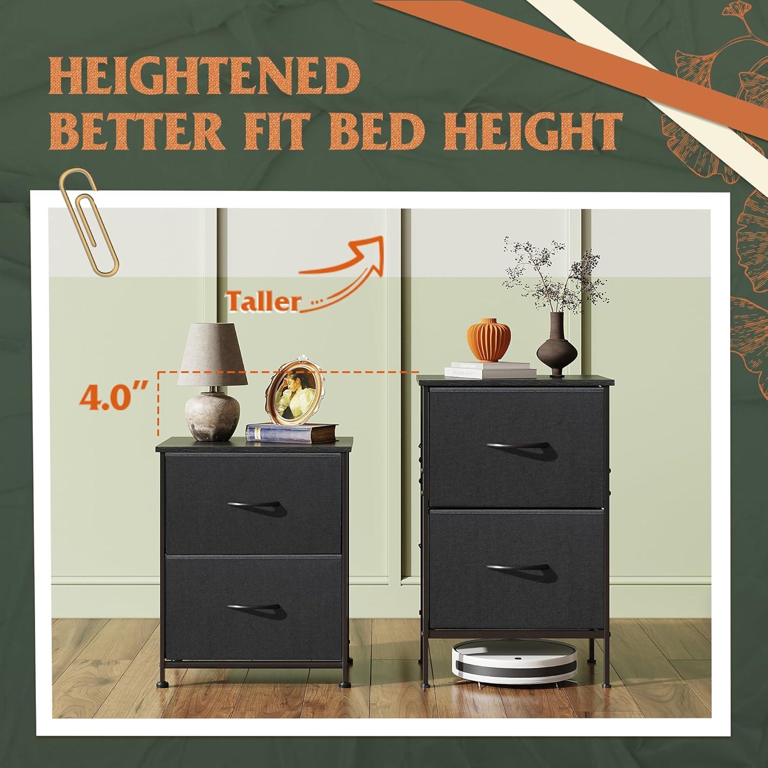 Black Fabric 2-Drawer Nightstand with Steel Frame