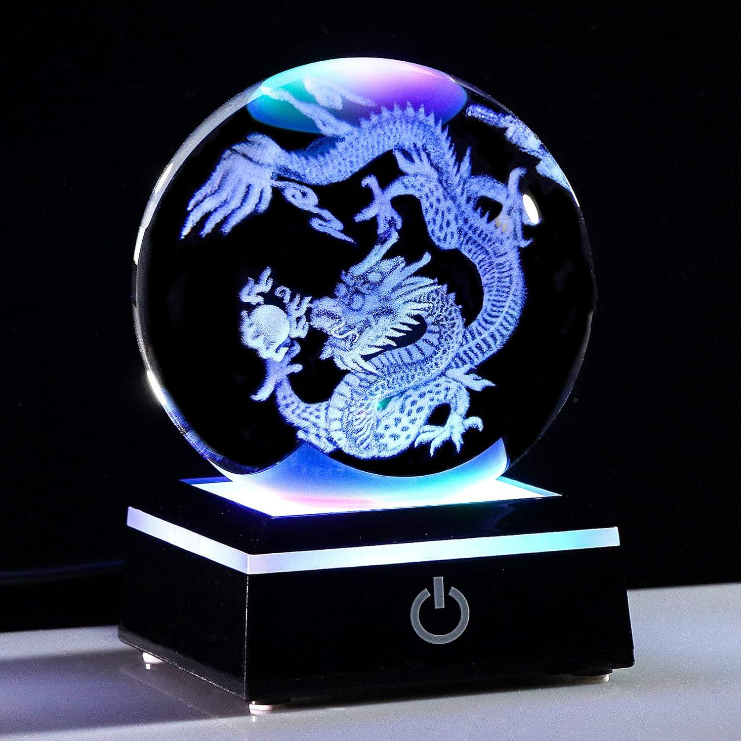 Qianwei Chinese Dragon Decor Gifts, Dragon Statue Figurines Stuff Decorations 3D Laser Etched Halloween Crystal Balls Feng Shui for Witchcraft Paper Weights Glass Decor