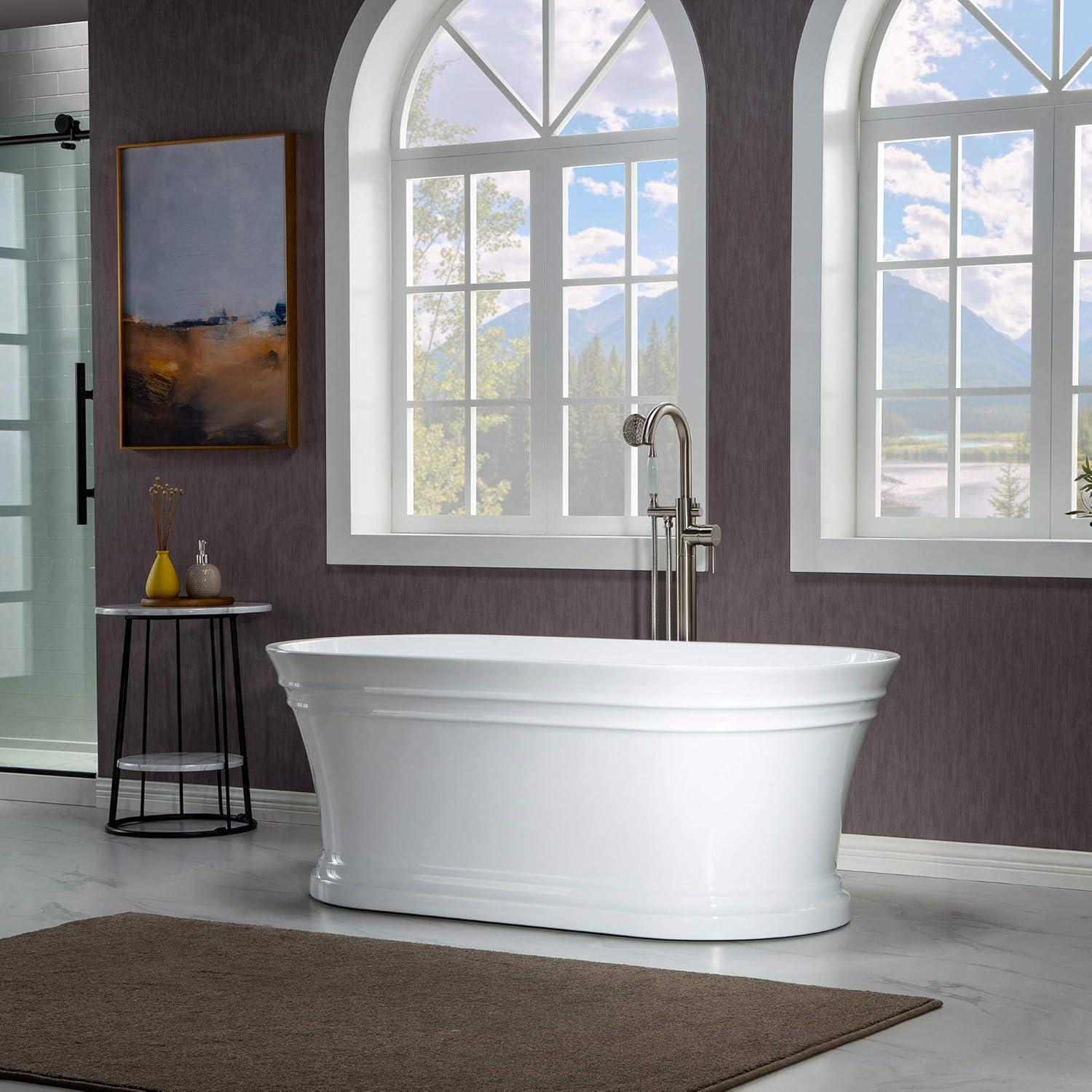 Woodbridge 59'' Freestanding White Acrylic Soaking Bathtub with Brushed Nickel Drain