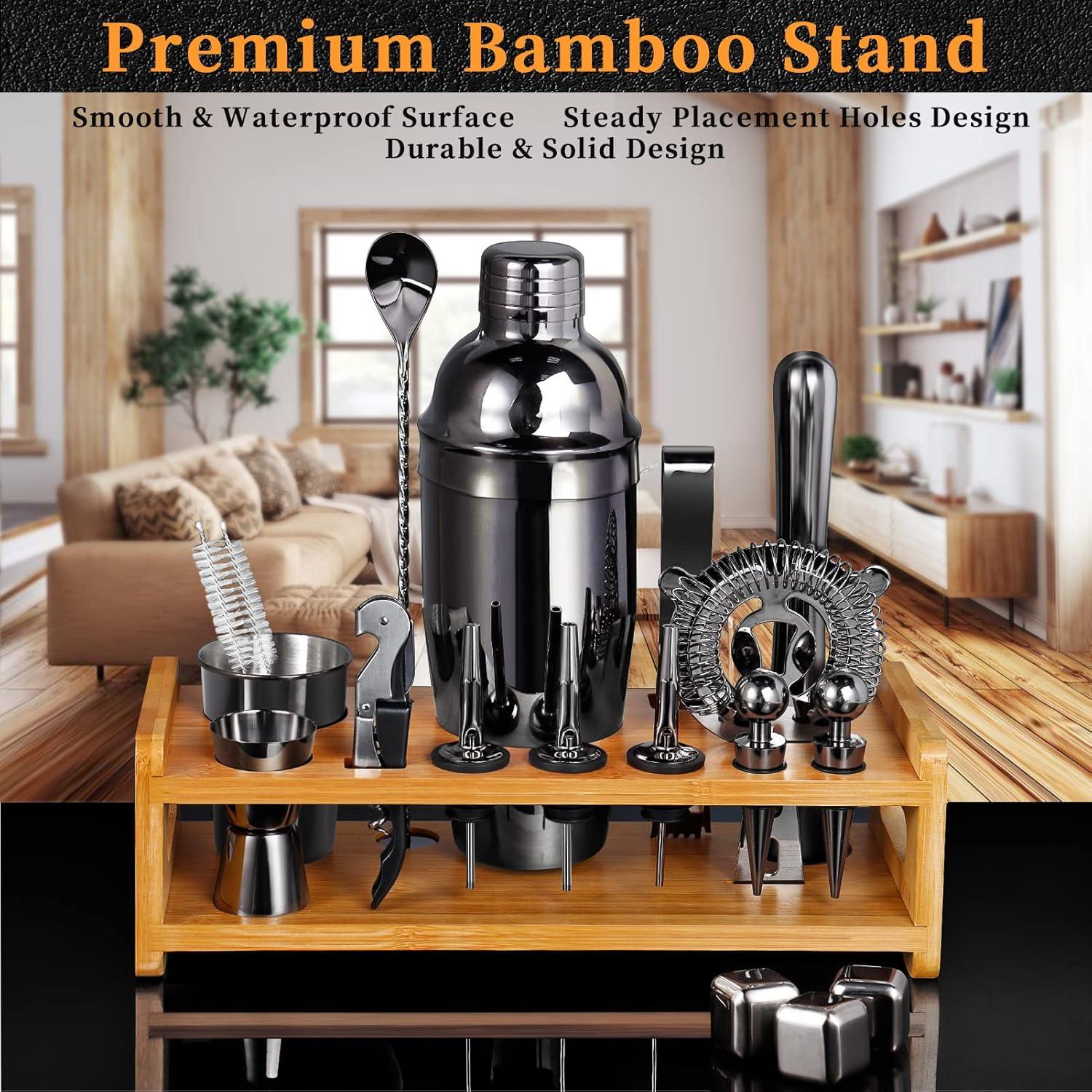 26-Piece Black Stainless Steel Bartender Kit with Bamboo Stand