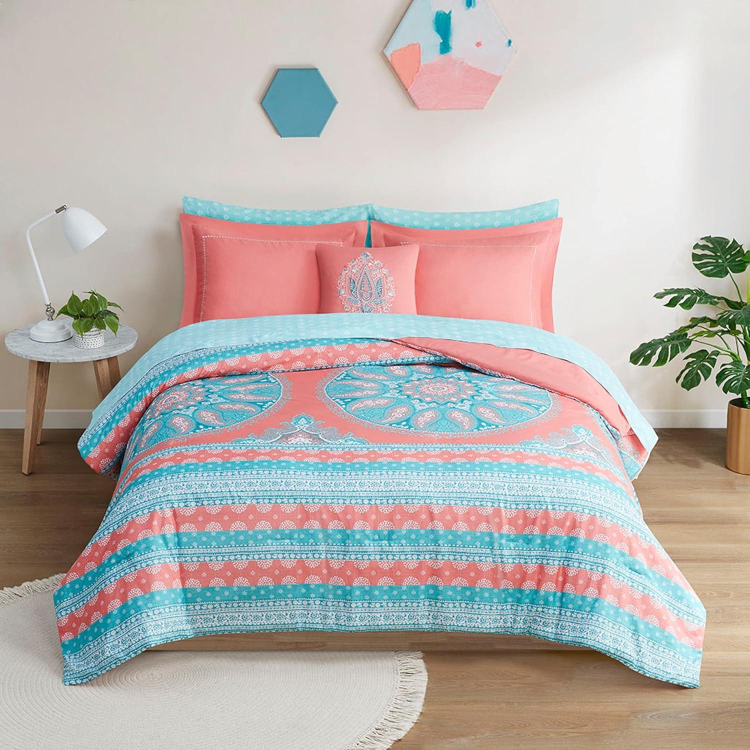 Boho Coral and Aqua Microfiber Queen Bed-in-a-Bag Set