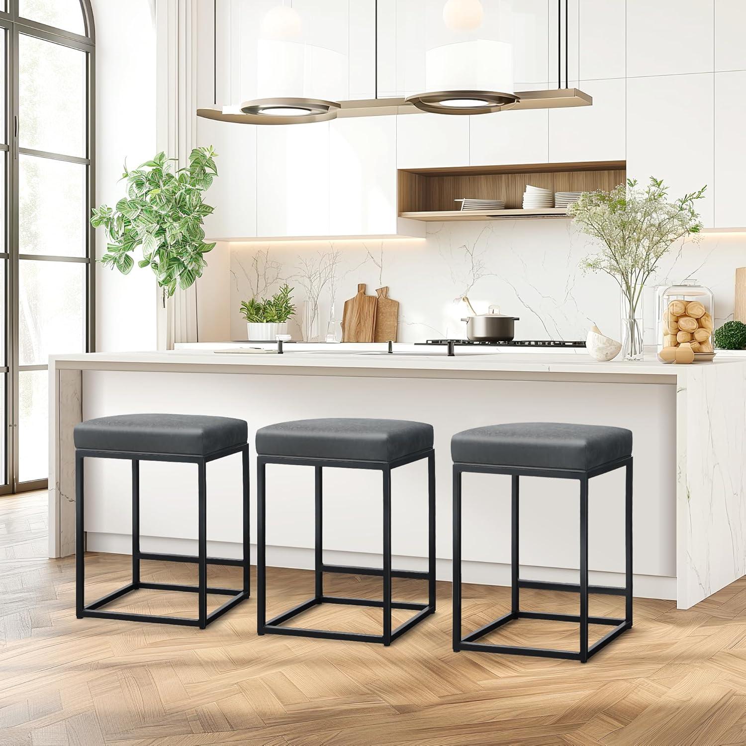 Lorelia Set of 2 Black 24 Inch Backless Counter Bar Stools Faux Leather Seat for Kitchen
