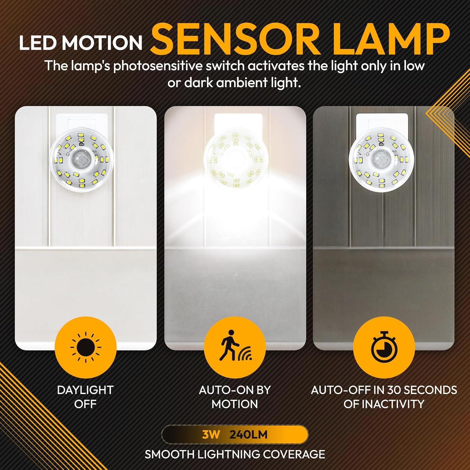 LED Motion-Activated Directional Rotating Flexible Sensor Dusk to Dawn Night Light AC Outlet Plug-in Wall Stair Lamp Indoor 360° Bedroom Hallway Stairway Garage Basement Corridor