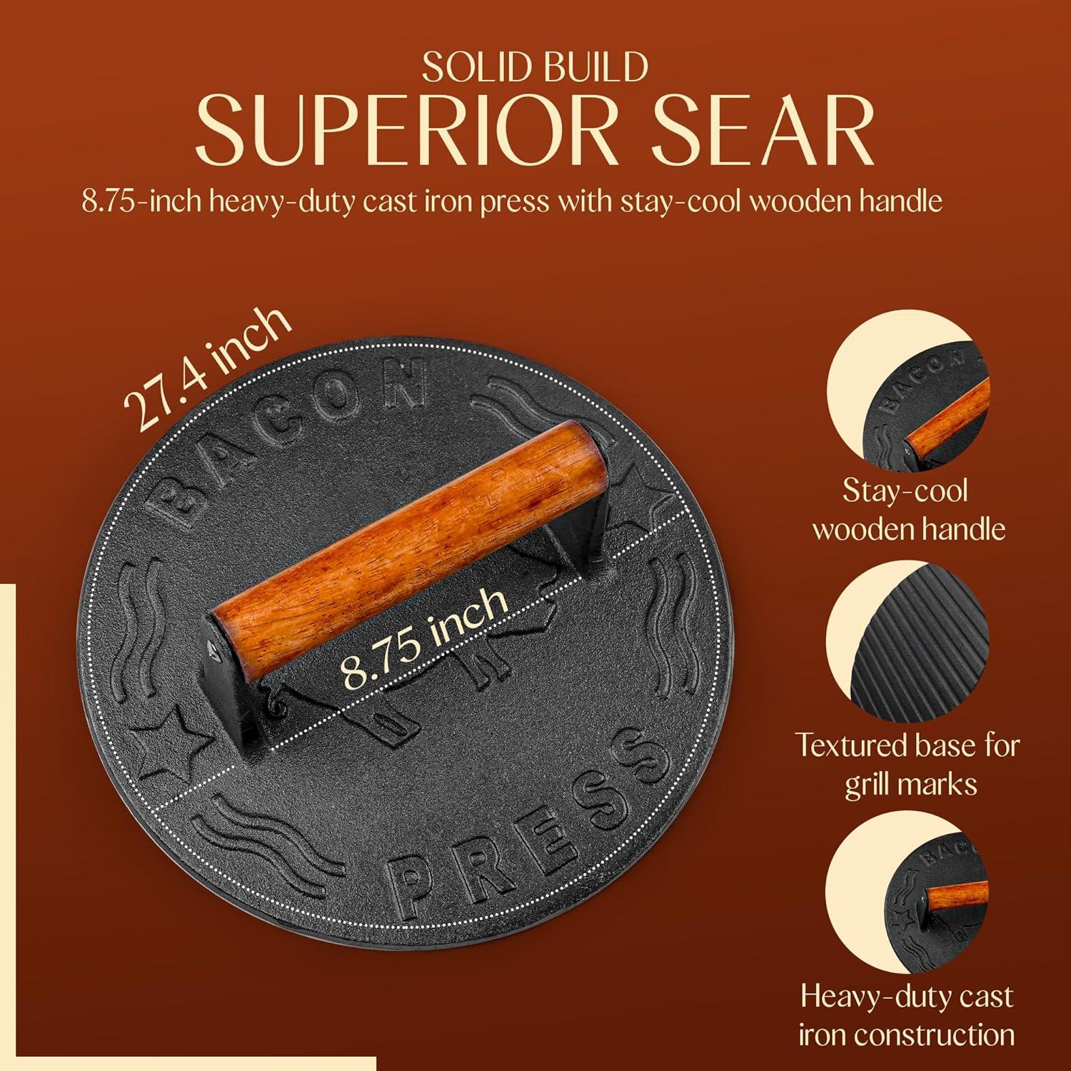 Bellemain 8.5-Inch Cast Iron Bacon Press – Heavy-Duty Grill Press for Perfect Bacon, Steak & More