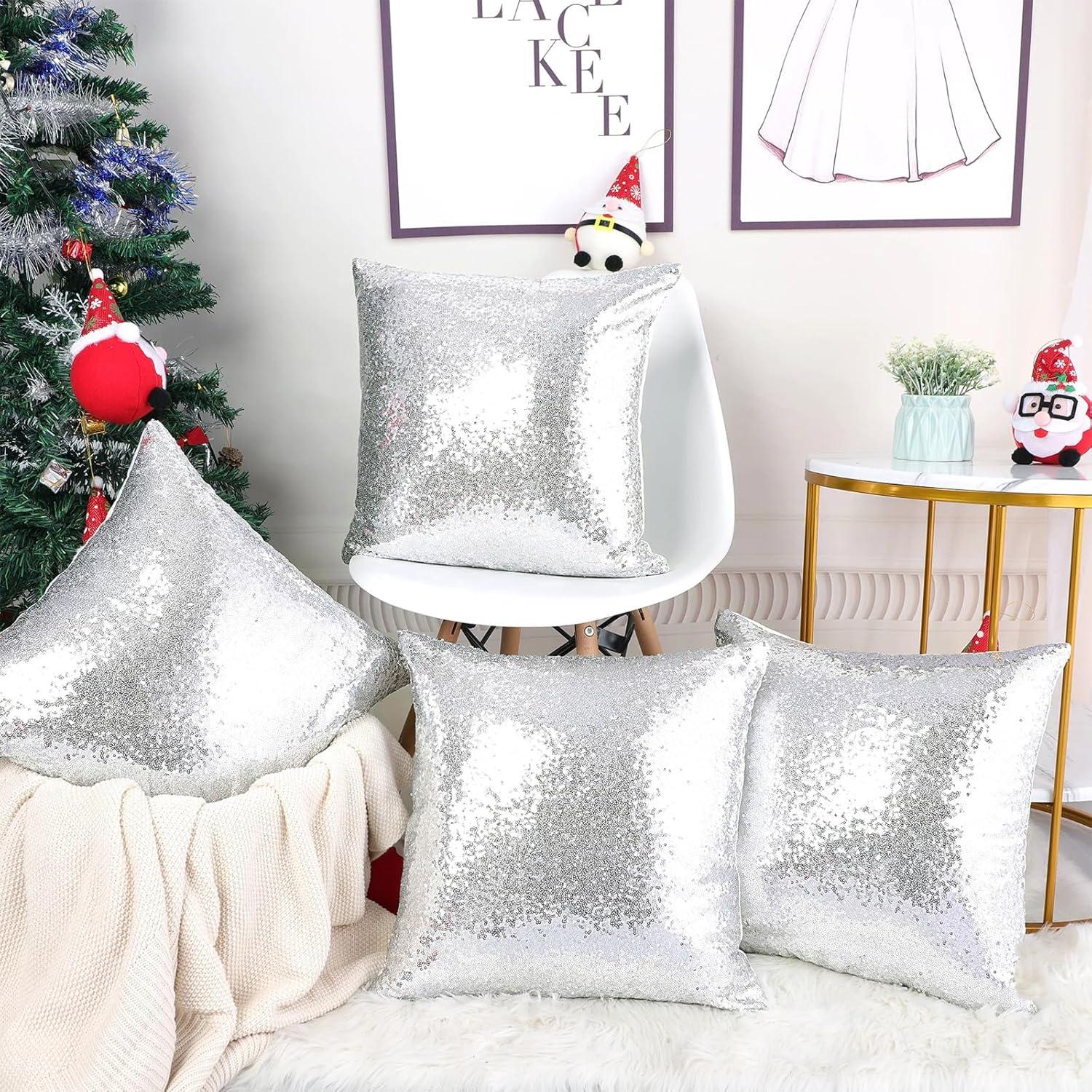 PiccoCasa 4 Pcs Sequin Throw Pillow Covers, Decorative Cushion Covers for Sofa Car Seat, 18"x18" Silver