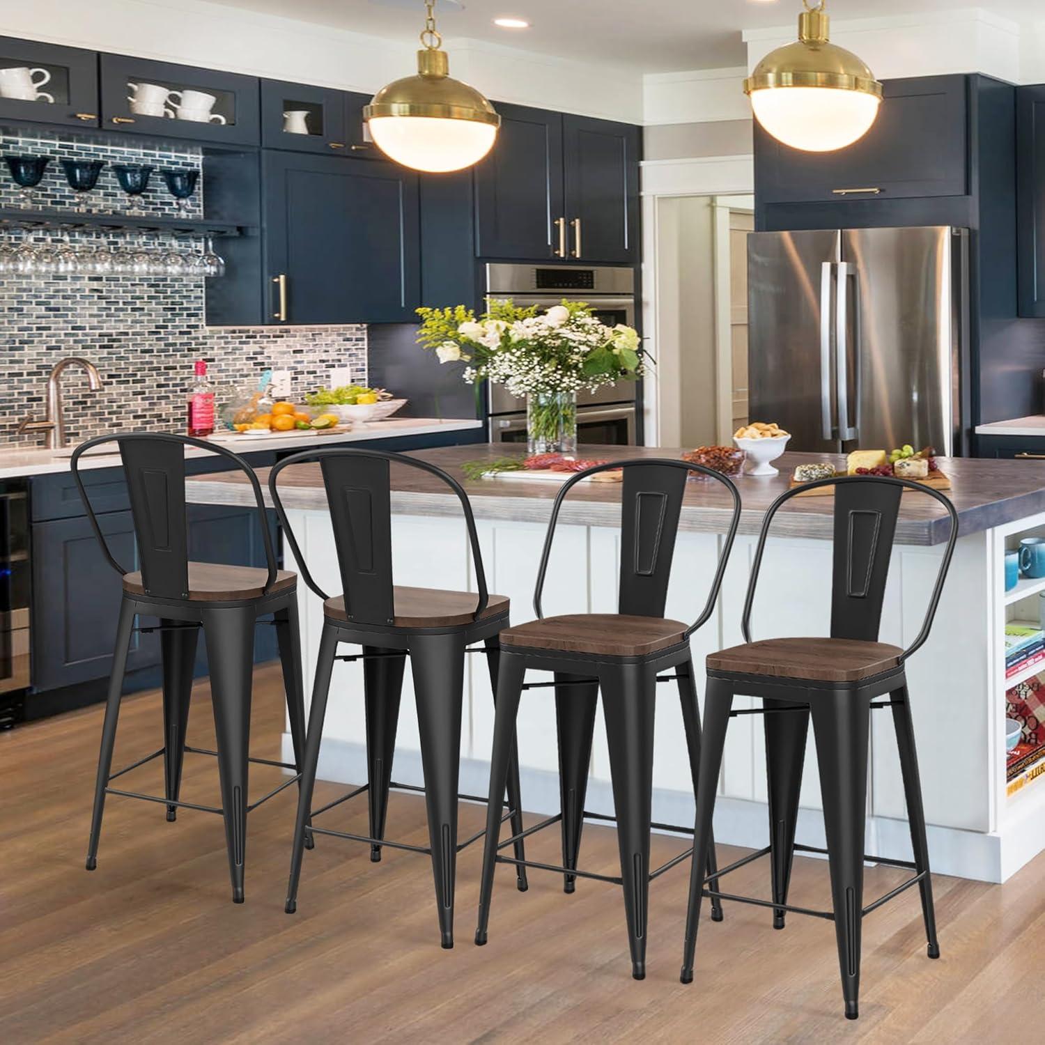 Andeworld Swivel Metal Bar Stools Set of 4 Counter Height Stools Counter Bar Stools with Back Swivel Metal Bar Chairs Wooded Seat 30 Inch Matte Black