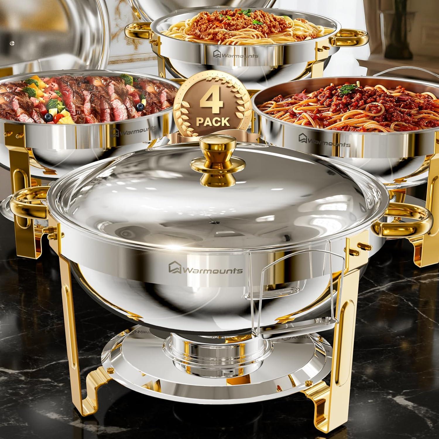WARMOUNTS Chafing Dish Buffet Set, 5QT 4 Pack Gold Accent Stainless Steel Chafers and Buffet Warmers Sets with Glass Lid & Lid Holder for Parties Catering Events Weddings Banquets