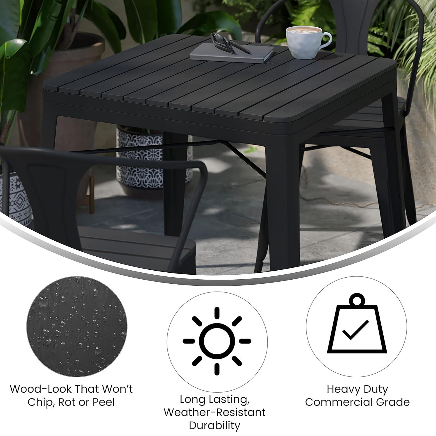 Flash Furniture Helvey 31.5" Square Commercial Grade Indoor/Outdoor Black Steel Patio Dining Table for 4 with Black Poly Resin Slatted Top
