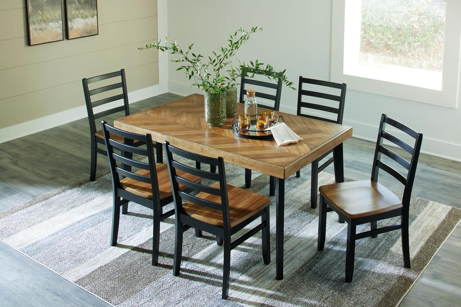 Transitional Black and Brown Rectangular Dining Table with 6 Chairs