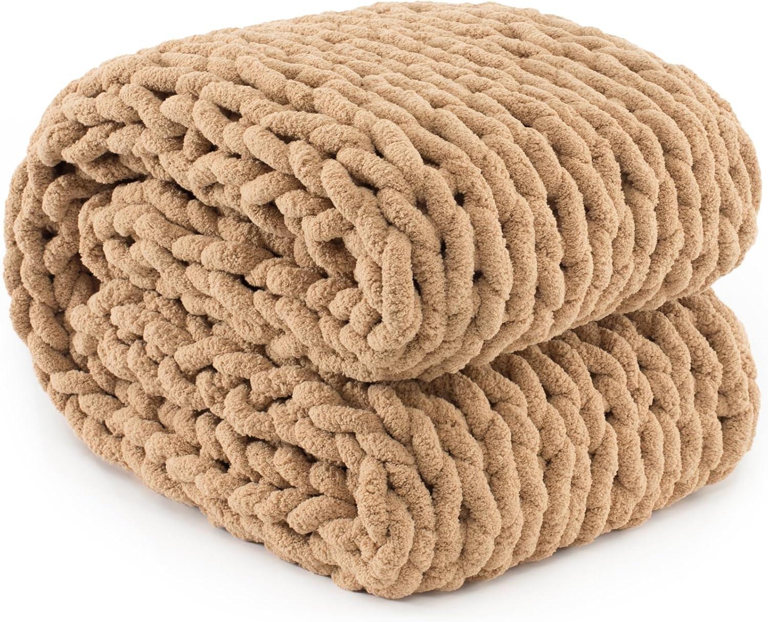 Carriediosa Chunky Knit Throw Blanket Handmade Soft Throws for Couch Sofa Bed, 50" x 60" Tan Brown