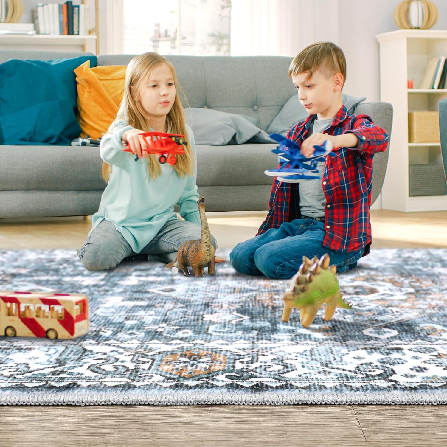 FairOnly Vintage Medallion Rug 9' x 12' Large Rug Stain Resistant Washable Rug for Living Room Bedroom, Blue