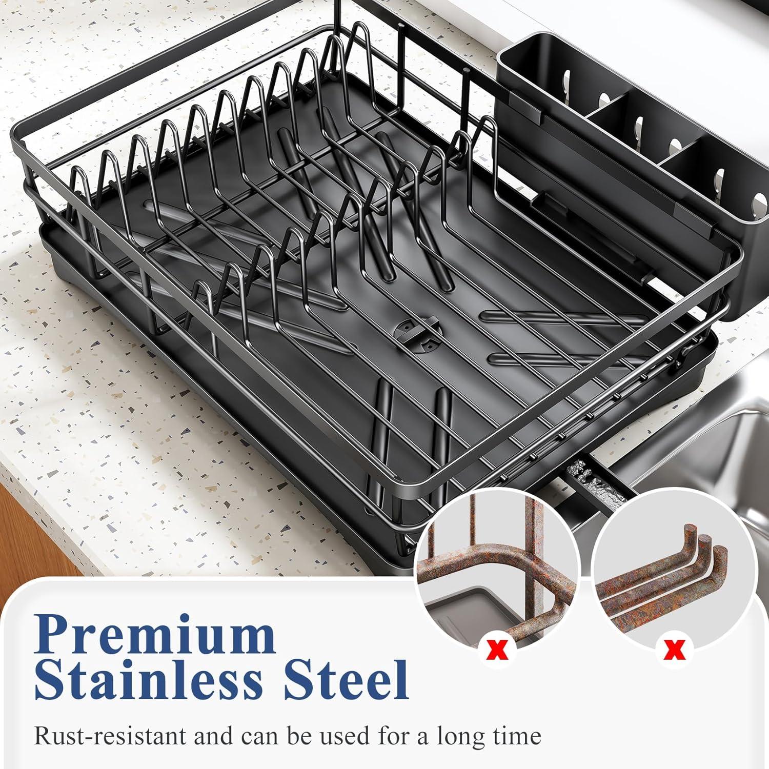 BEACHWATER POOL & SPA, LLC Dish Drying Rack For Kitchen Counter - Large Dish Rack With Drainboard, Rustproof Dish Drainer With Utensil Holder For Sink