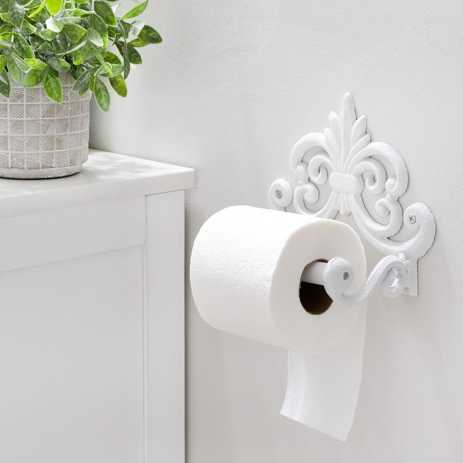 AuldHome Design White Farmhouse Cast Iron Toilet Paper Holder; Wall Mount Vintage Decor Fleur de Lis TP Hanger