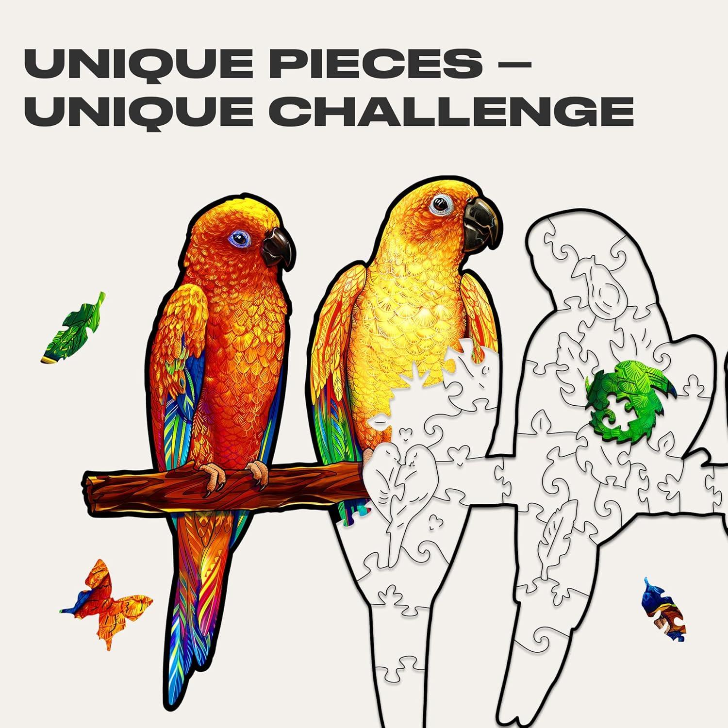 UNIDRAGON Original Wooden Jigsaw Puzzles - Playful Parrots, 104 pcs, Small 13"x7.5", Beautiful Gift Package, Unique Shape Best Gift for Adults and Kids