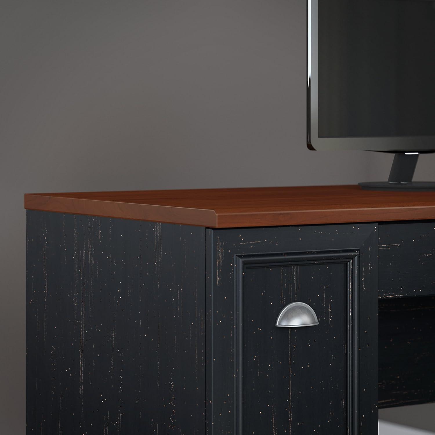 Antique Black Wood Corner Desk with Drawer and Keyboard Tray