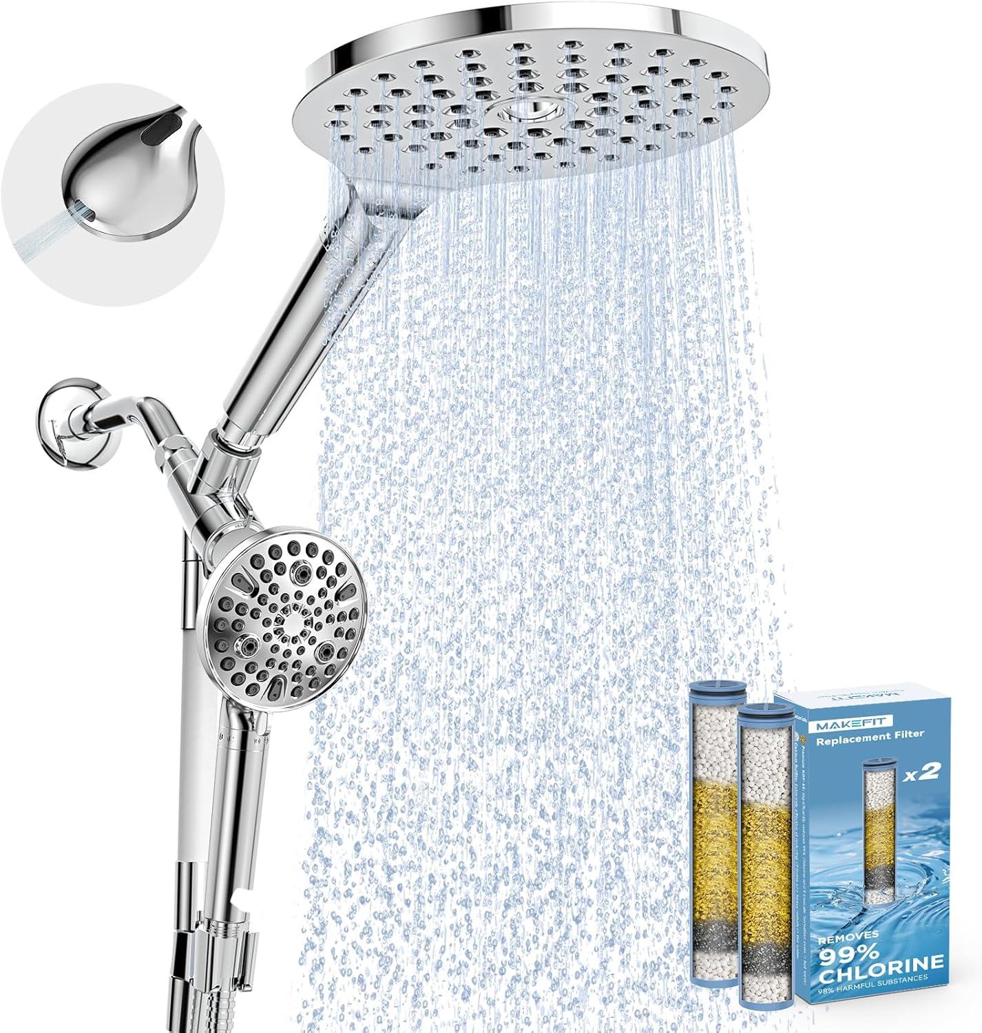 Dual Handheld Shower Head Combo, 2-in-1 Rain Shower Heads System 8 Inch Rainfall Shower Head and 10 Modes High Pressure Hand Held Showerhead with Built-in Power Wash