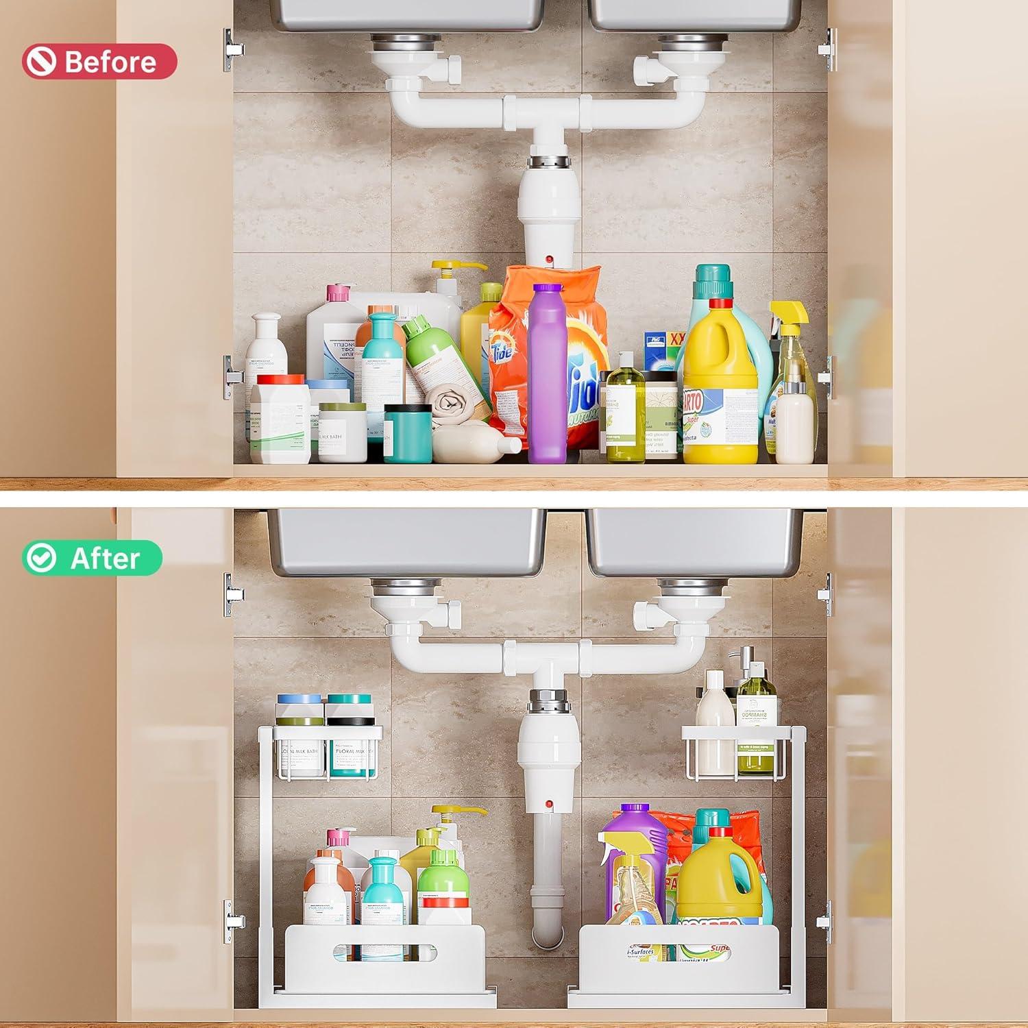 Delamu 2 Pack Under Sink Organizer and Storage, 2 Tier Pull Out Cabinet Organizer, Slide Out Under Sink Storage Shelf for Kitchen Bathroom, White
