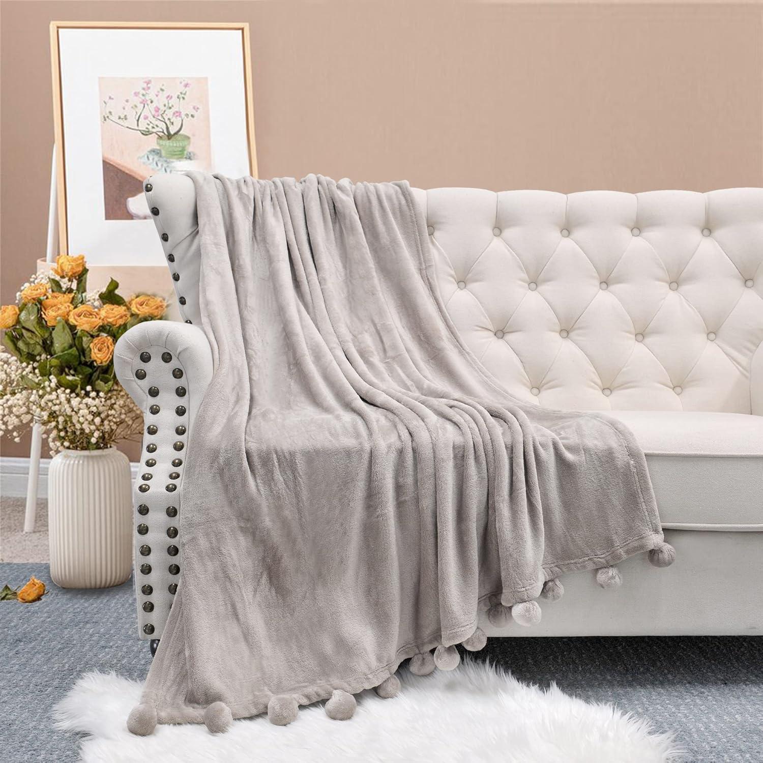 Home Soft Things Flannel Fleece Pom Pom Blanket