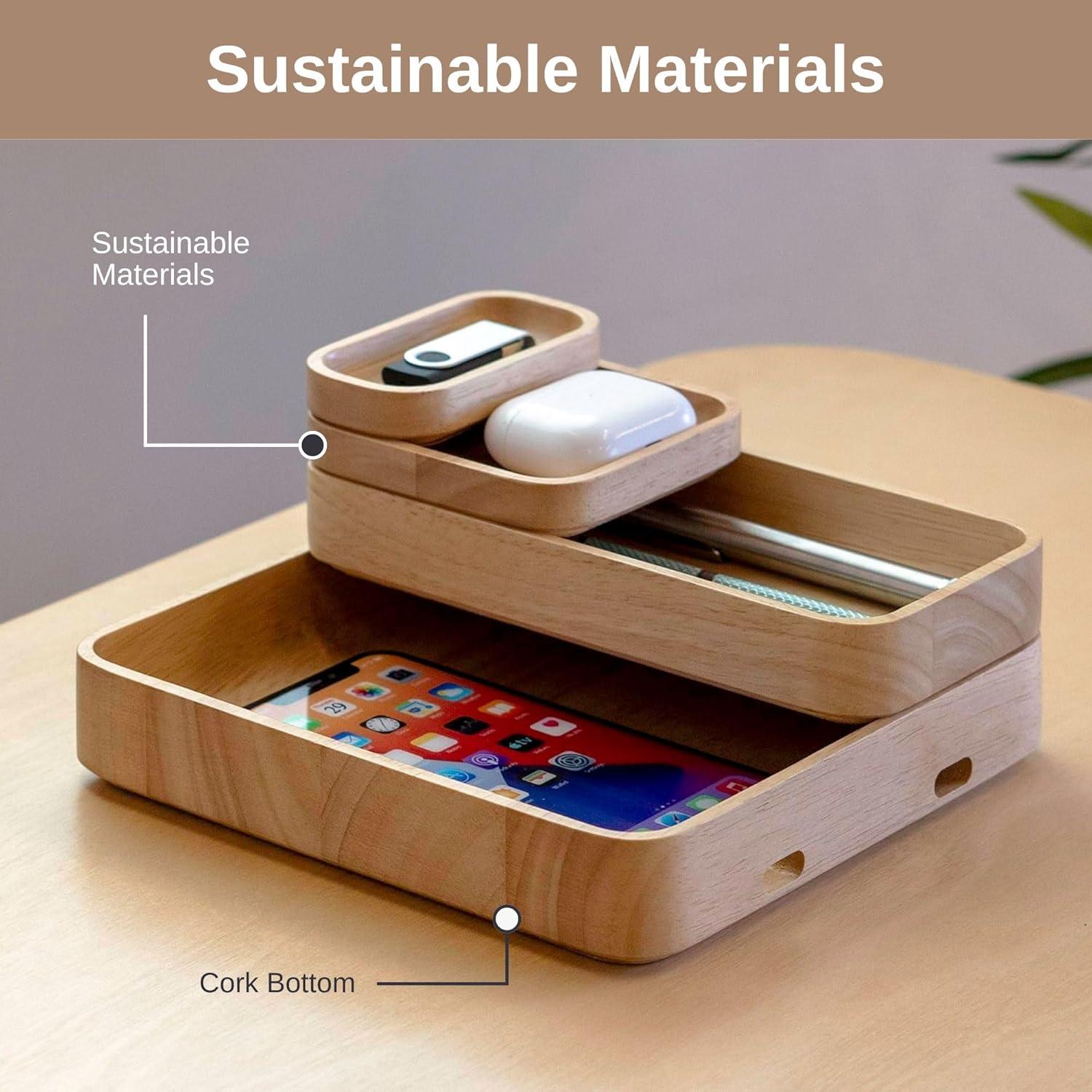 Hoek Stack Modular Desk Organizer - Sustainable Solid Wood with Sliding & Stackable Trays, Cork Bottom - Mid-Century Modern Setup to Study (Birch)