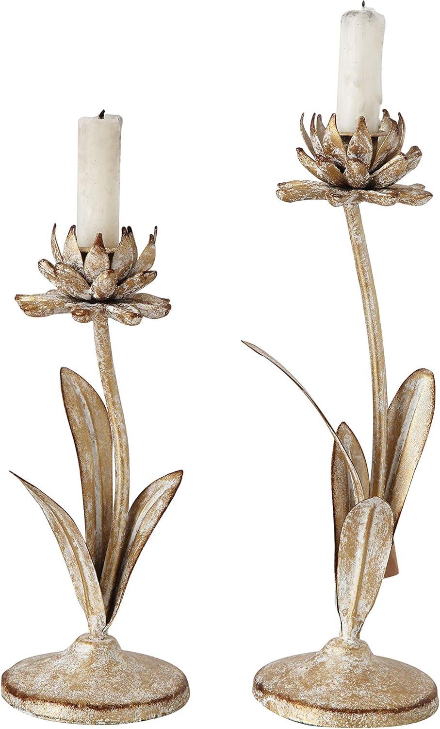 Storied Home 2pc Metal Taper Candle Holder Set with Flowers Gold/White - Bohemian Decor, Online-Unique