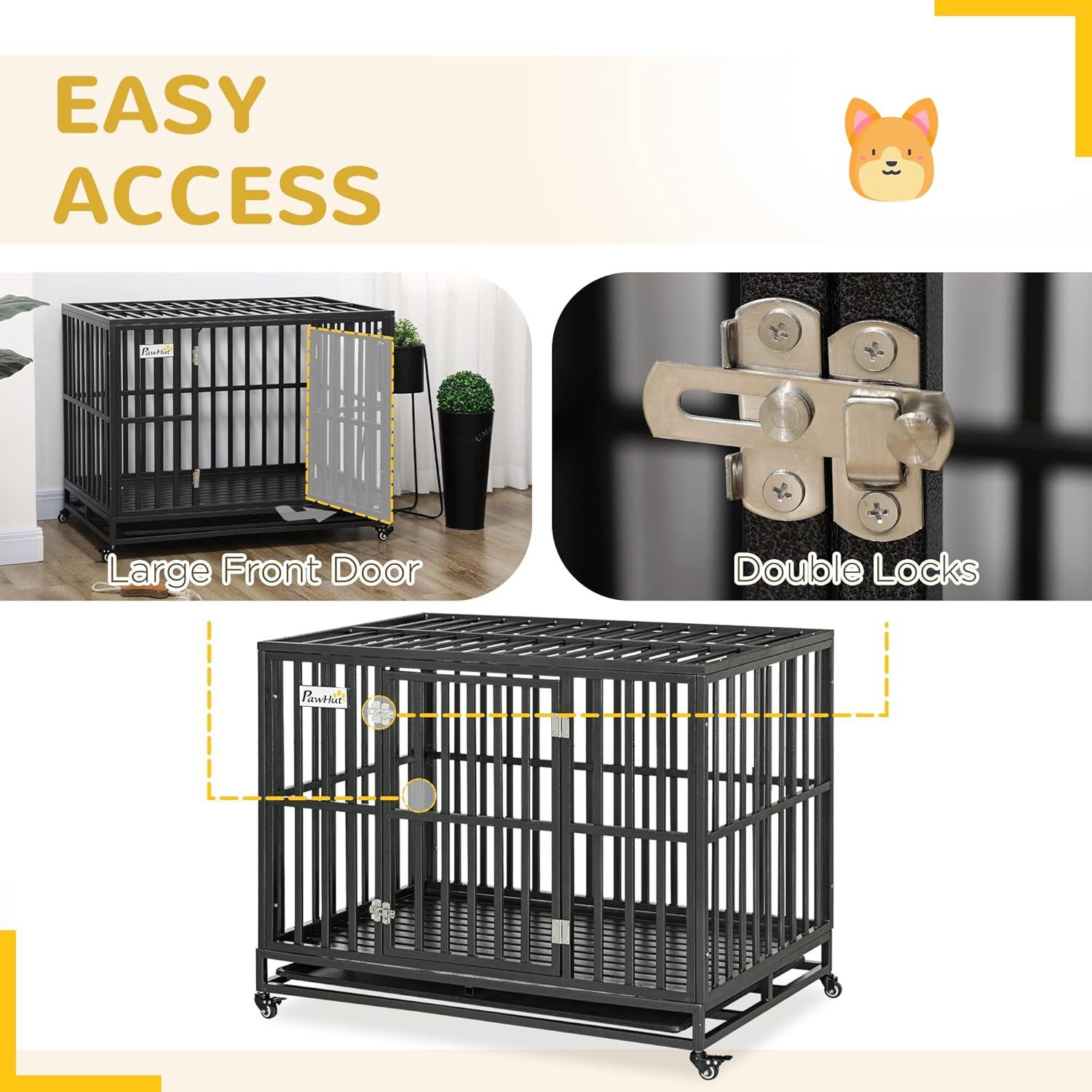 PawHut 44" Heavy Duty Dog Crate Metal Kennel and Cage Dog Playpen with Lockable Wheels, Slide-out Tray and Anti-Pinching Floor