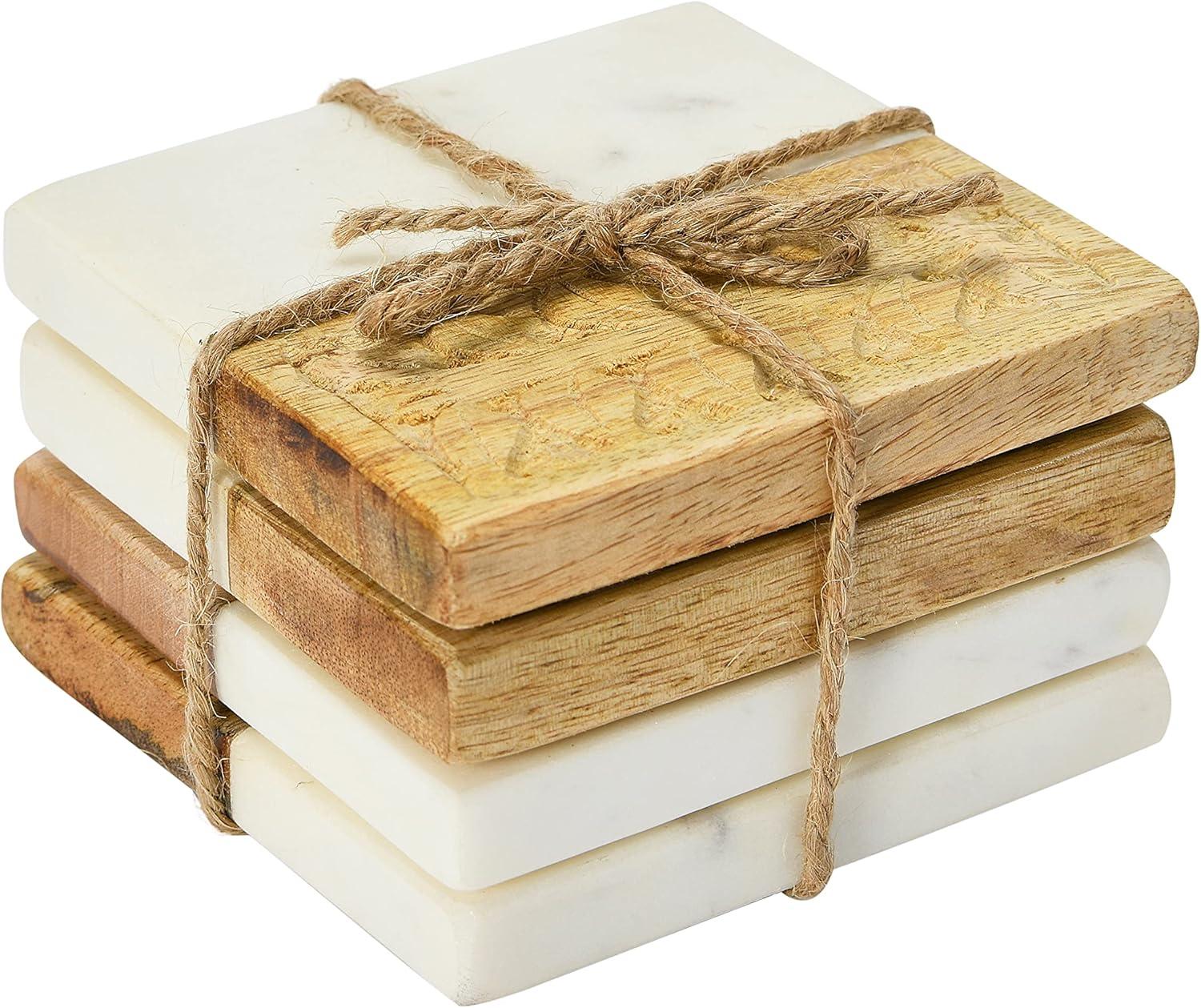 Hand-Carved Mango Wood and Marble Square Coasters, Set of 4